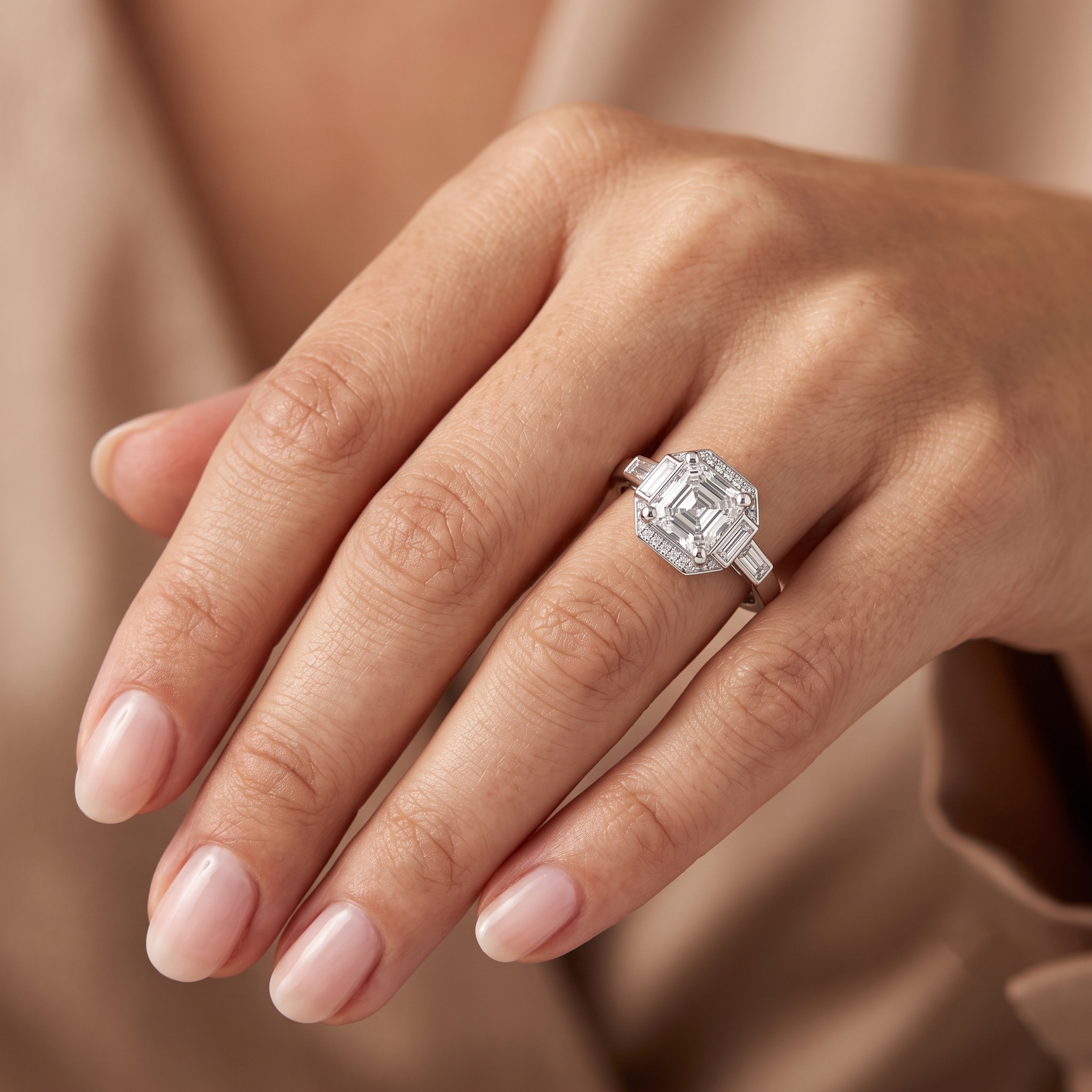 The Art Deco Asscher & Baguette Halo Trilogy Three Stone Engagement Ring
