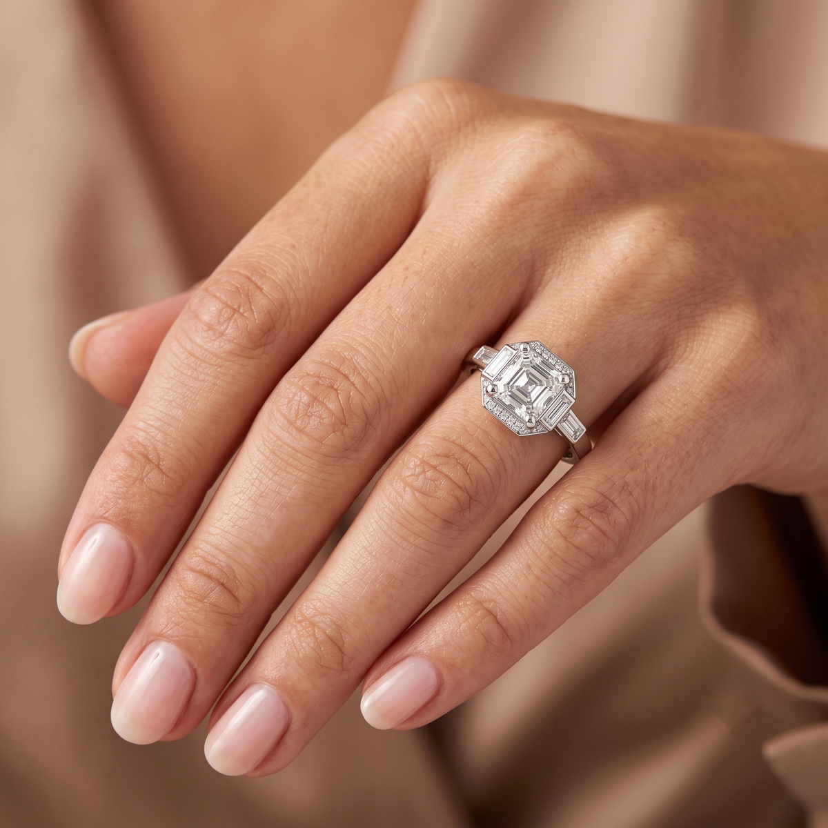The Art Deco Asscher & Baguette Halo Trilogy Three Stone Engagement Ring