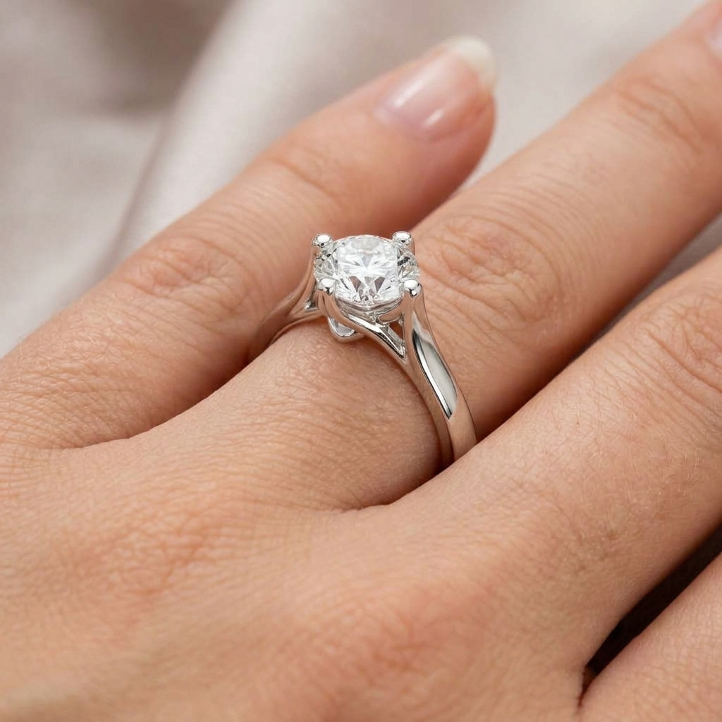 925 Sterling Silver Round Brilliant Moissanite Lotus Solitaire Engagement Ring
