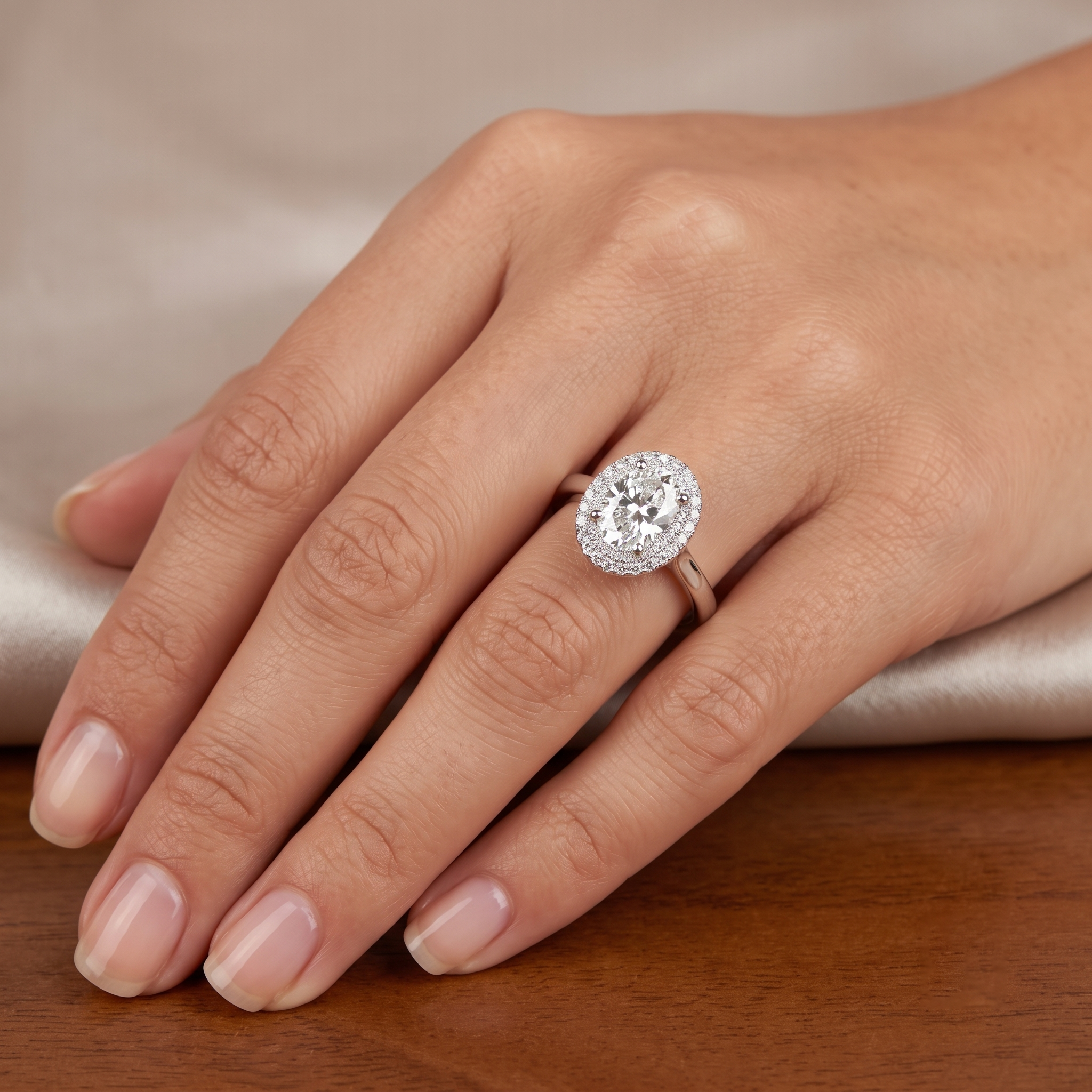 Oval Engagement Ring with Double Halo in Sterling Silver