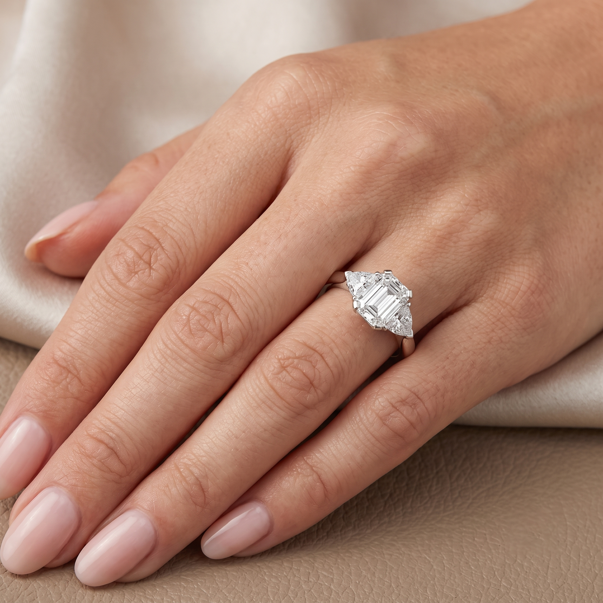 The Emerald and Trillion Cut Moissanite Three-Stone Engagement Ring