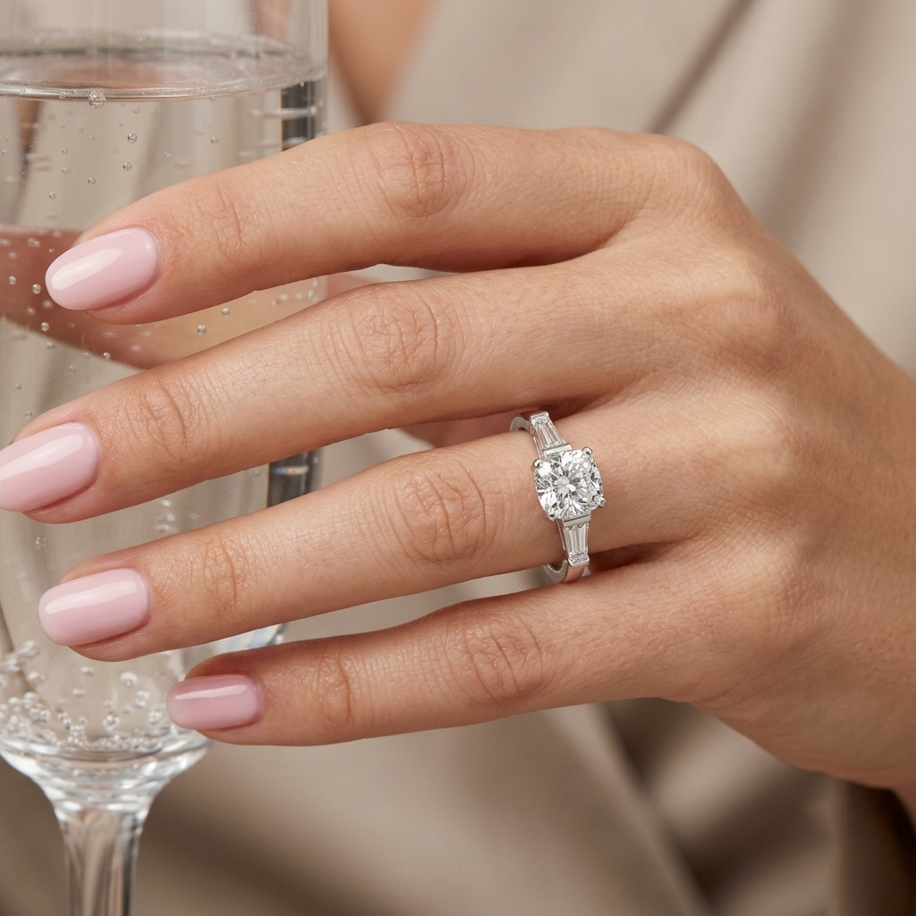 Three-Stone Cushion and Tapered Baguette Trilogy Engagement Ring