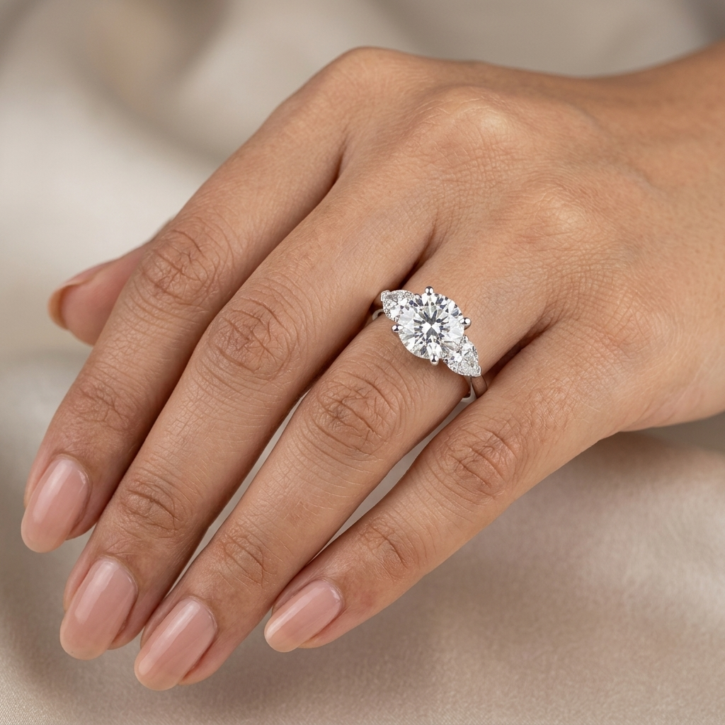 The Aria Round and Pear Cut Three-Stone Engagement Ring in Sterling Silver