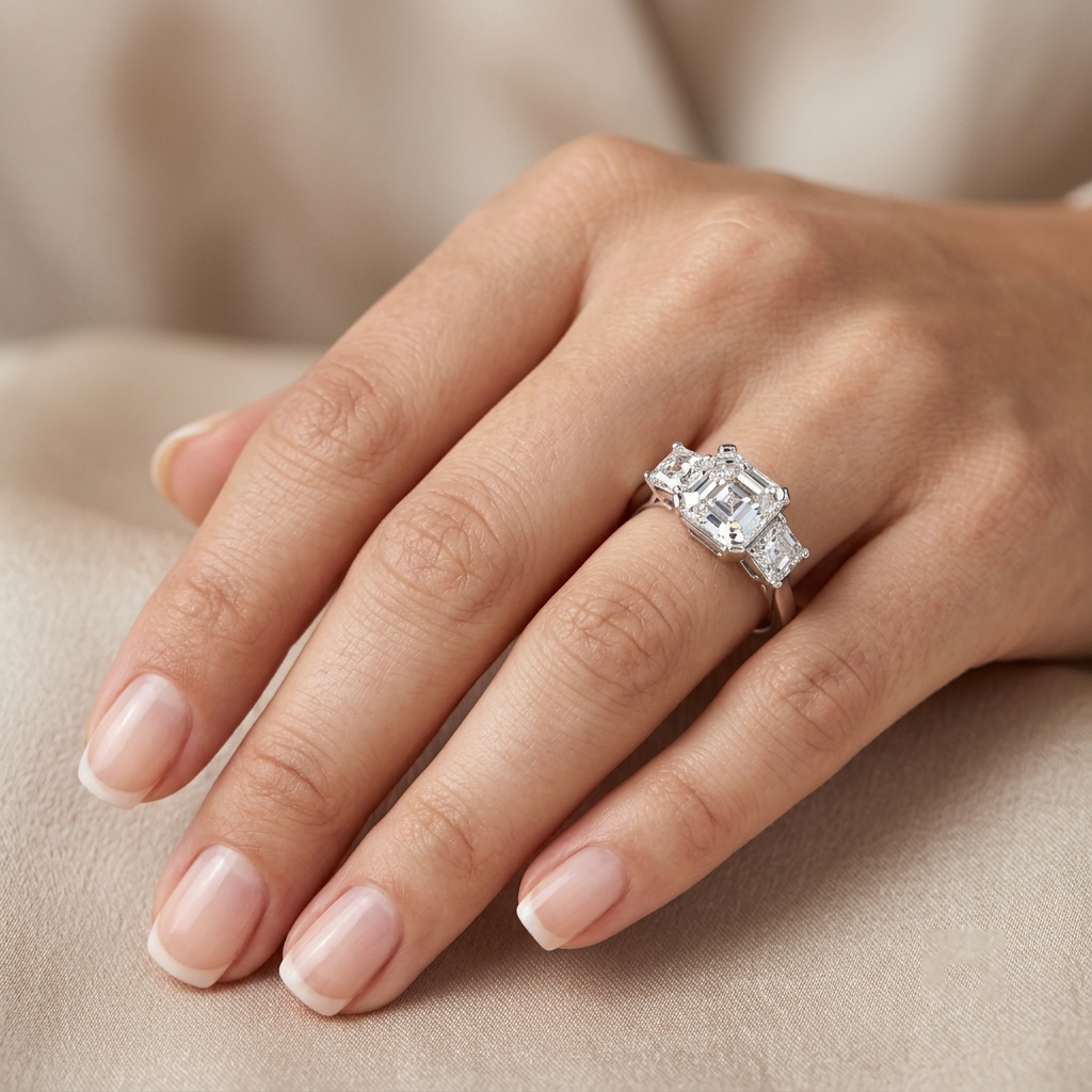 925 Sterling Silver Three-Stone Asscher & Princess Cut Moissanite Engagement Ring