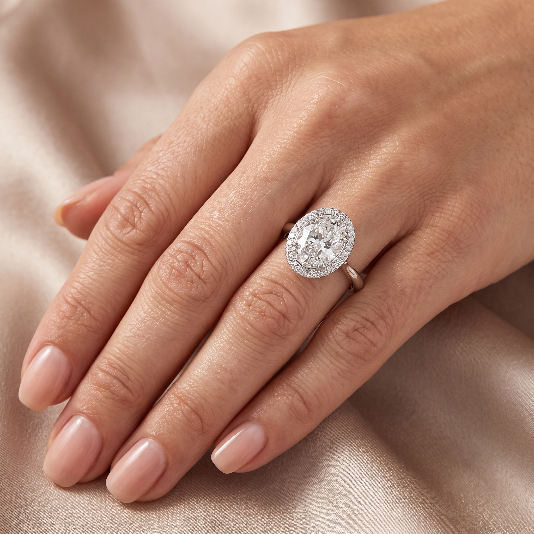 Oval Moissanite Halo Engagement Ring in Sterling Silver