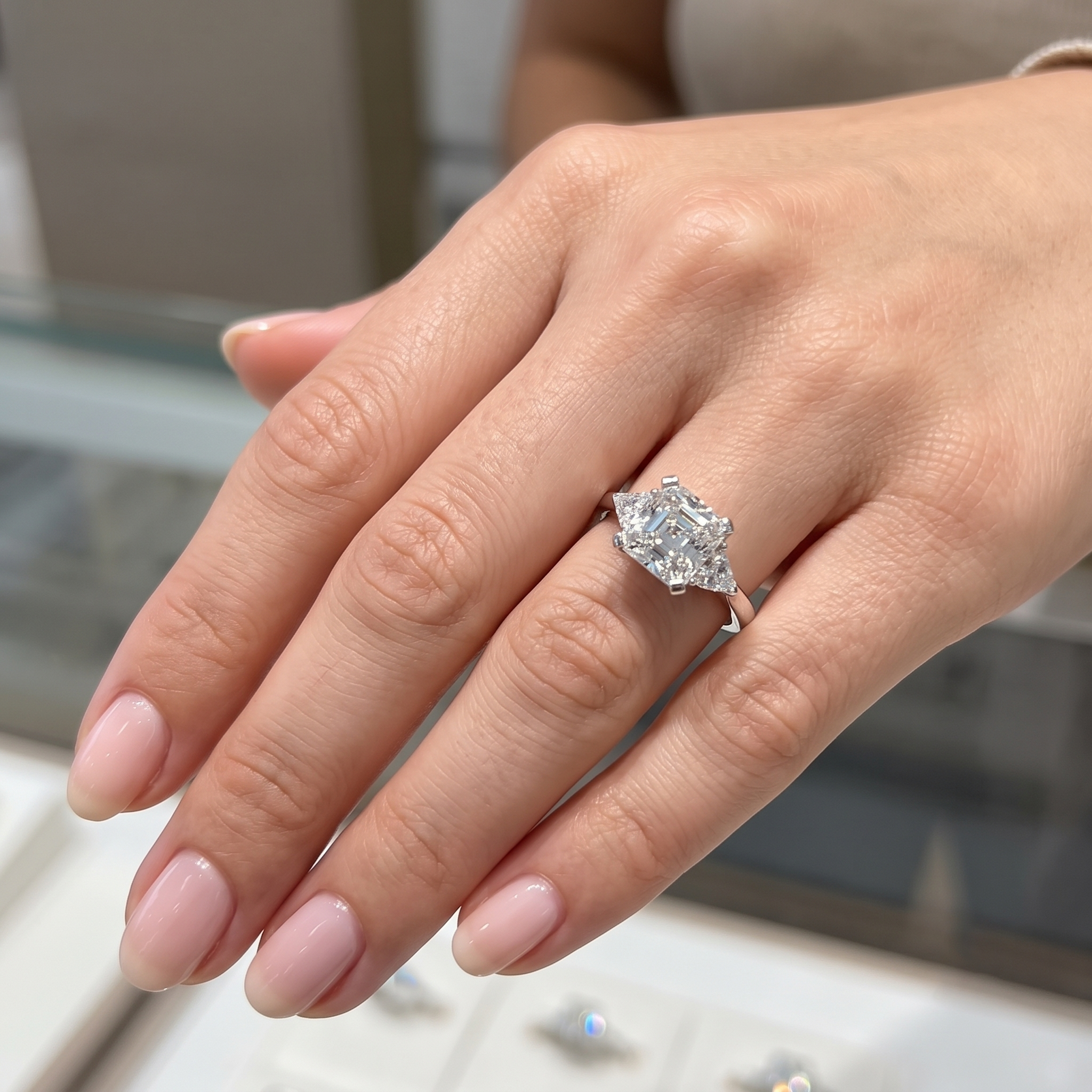 Asscher-Cut Architectural Three-Stone Engagement Ring with Trillion-Cut Side Accents