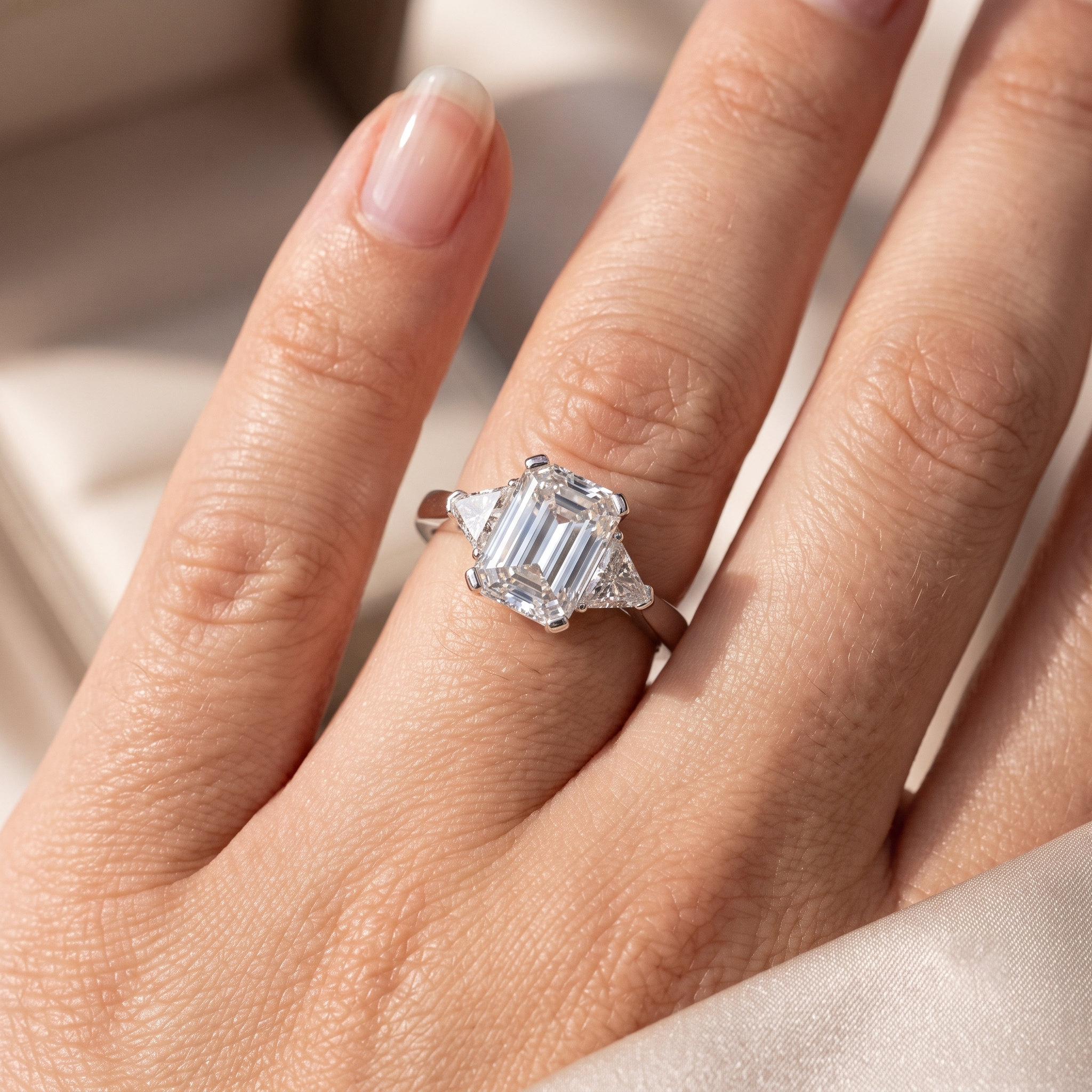 Emerald-Cut Moissanite Engagement Ring with Trillion Side Stones