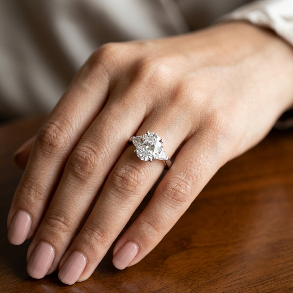 Elegant Oval Center with Trillion Side Stones Engagement Ring in Sterling Silver