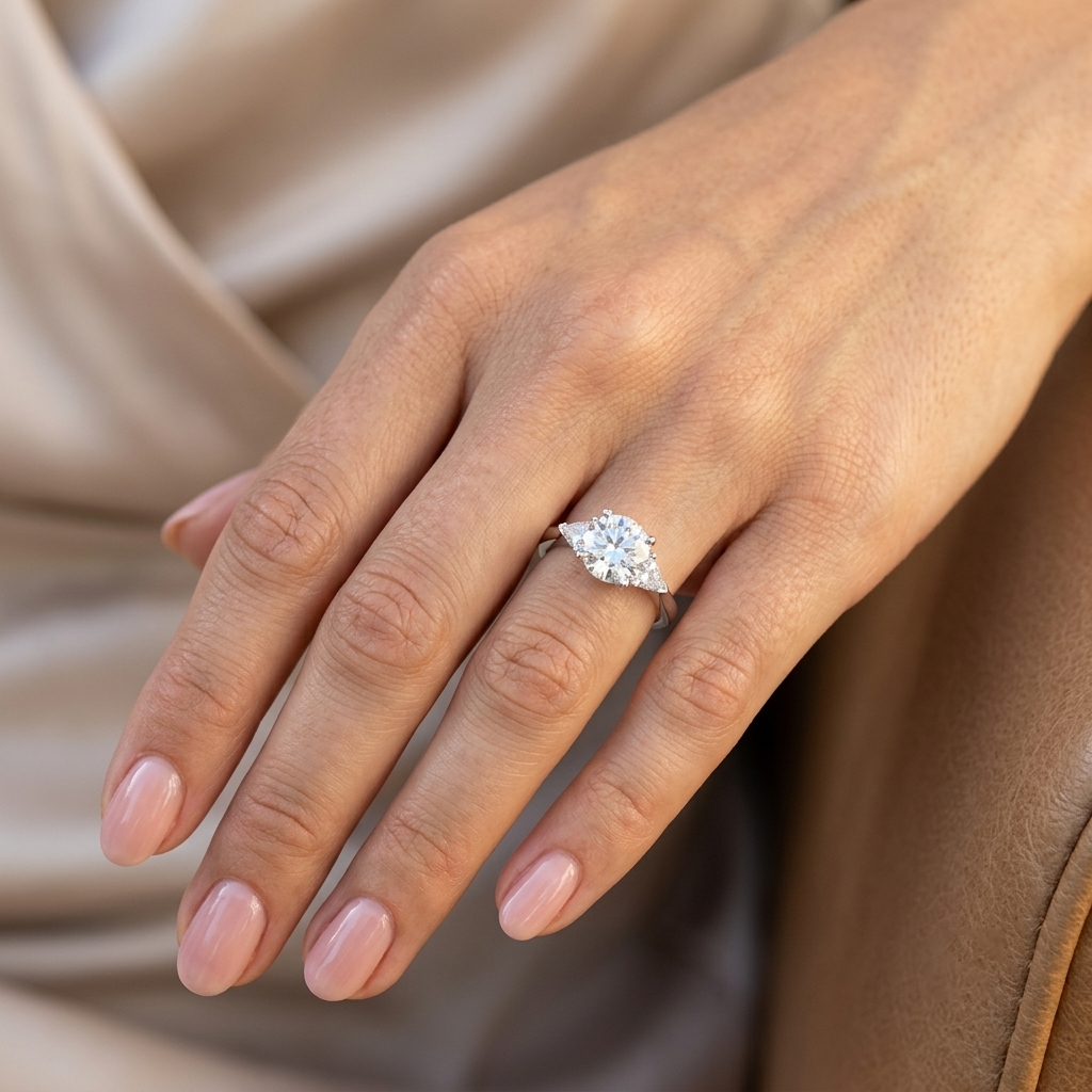Moissanite Round Cut and Trillion Three-Stone Trilogy Engagement Ring