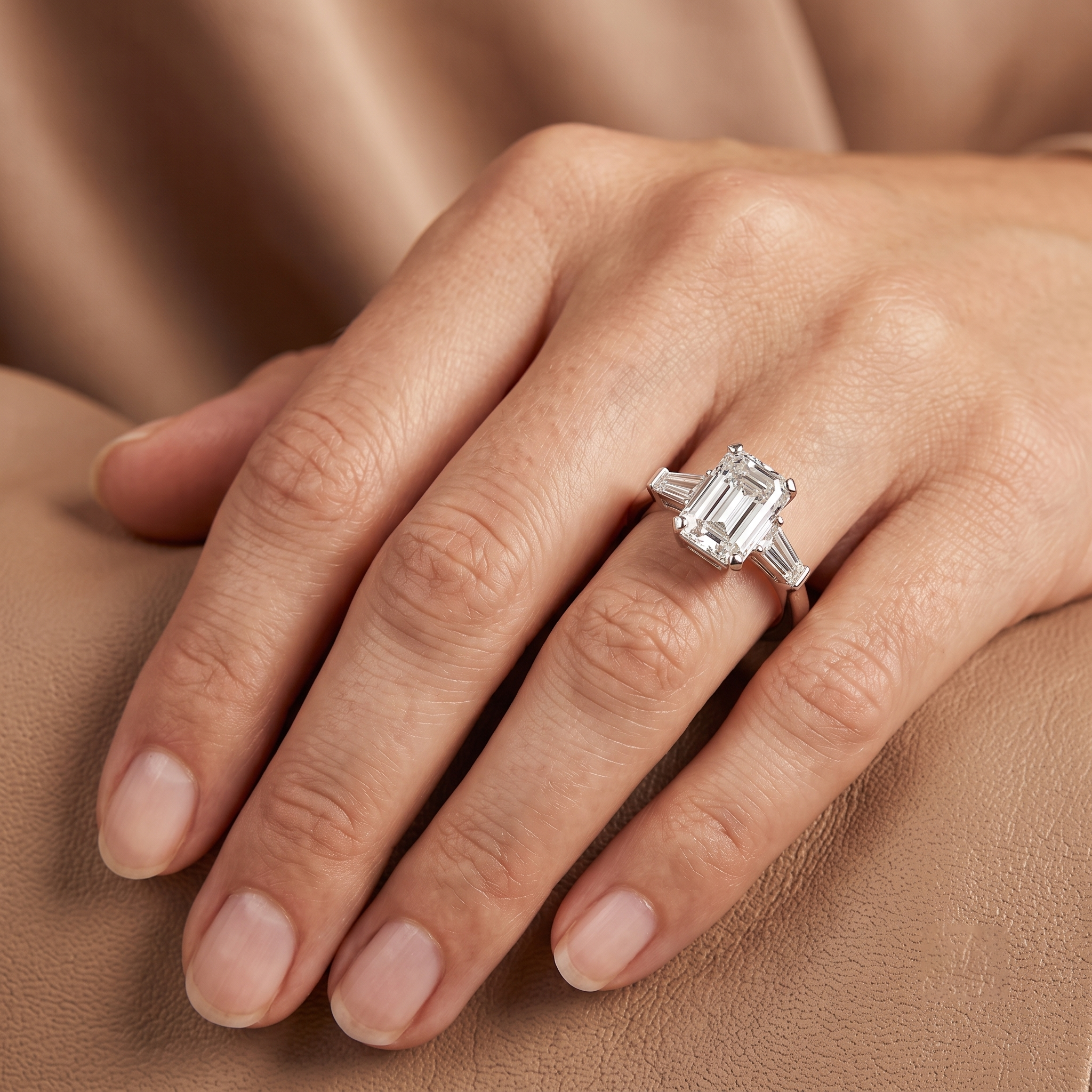 The Classic Emerald & Tapered Baguette Trilogy Engagement Ring for Women