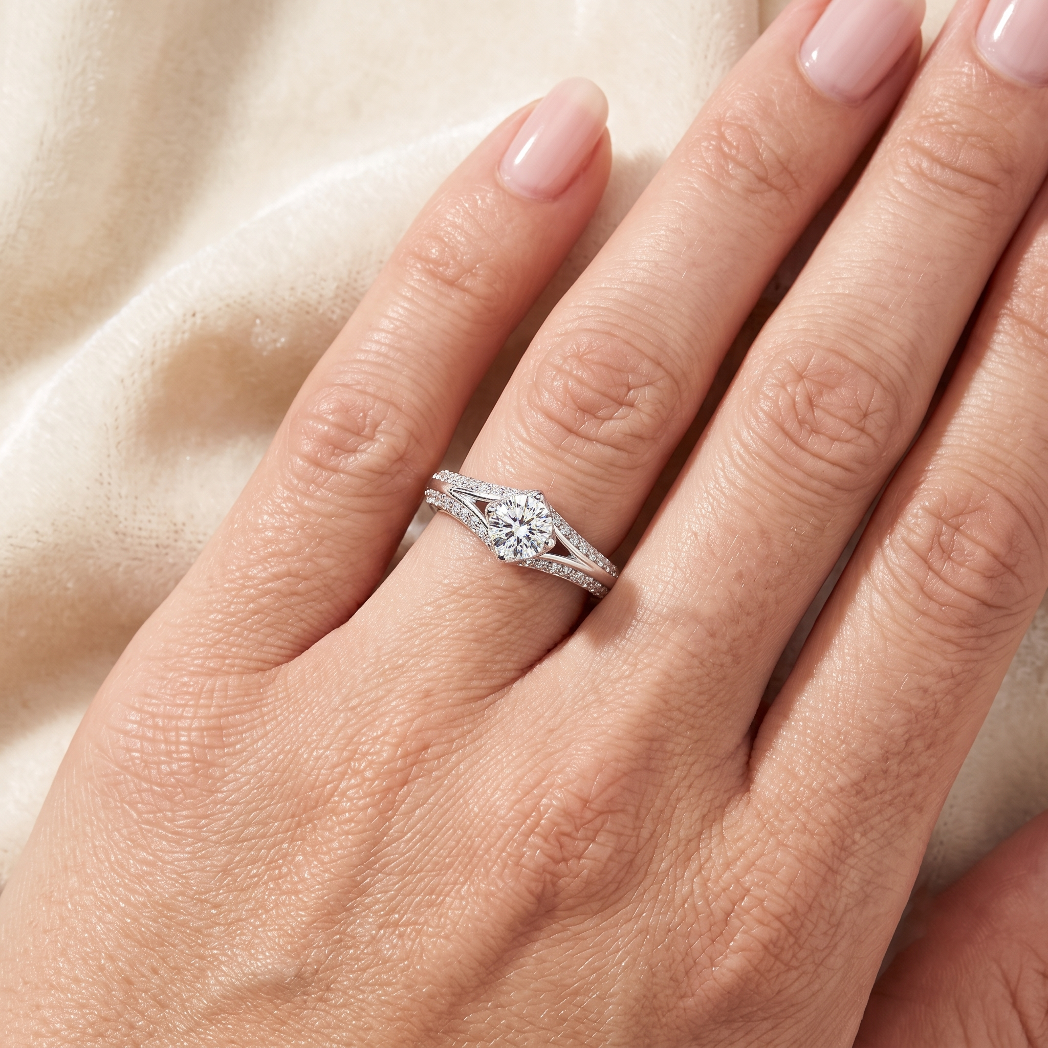 Solitaire Moissanite Engagement Ring with Pave Diamond Split Shank