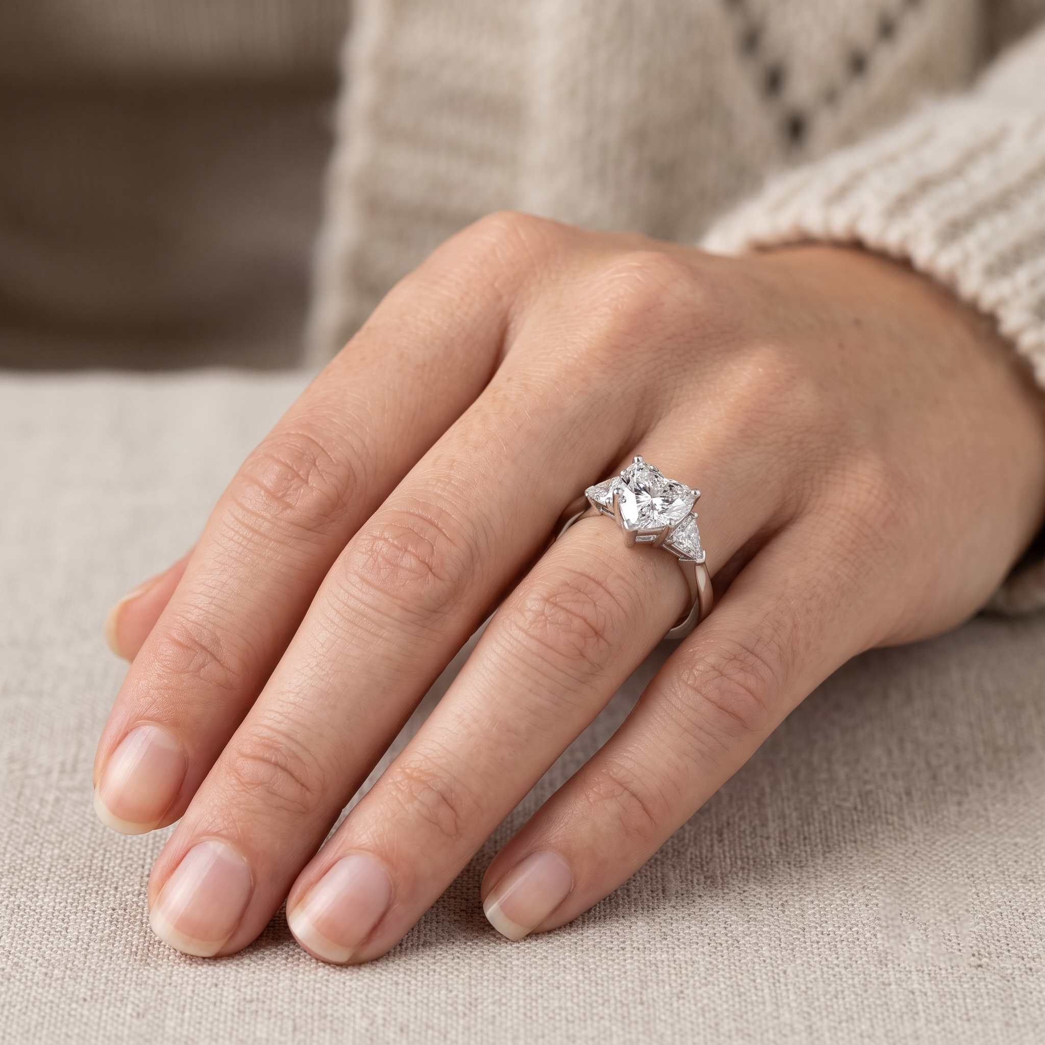 Classic Heart-Cut Trilogy Engagement Ring with Trillion Accents
