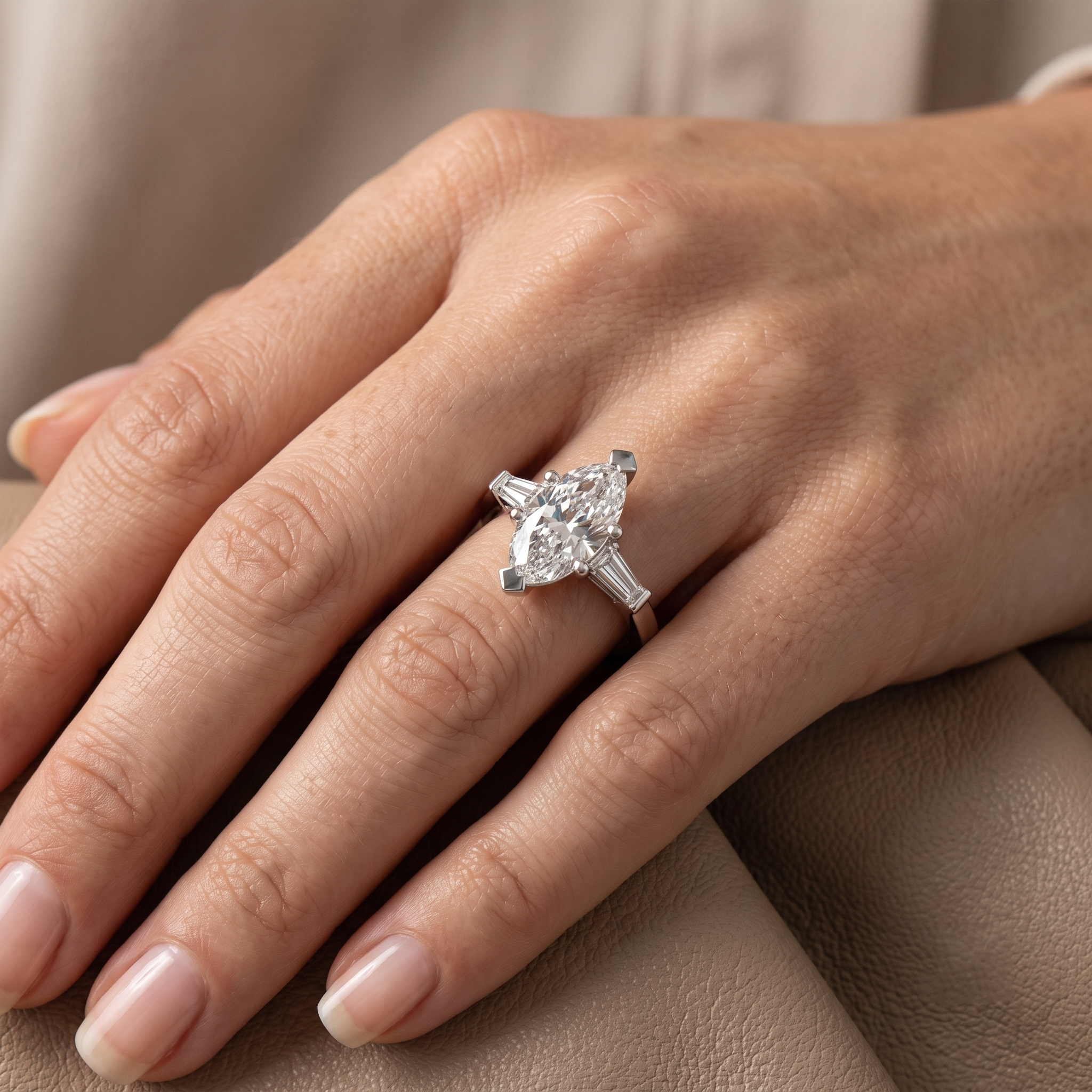 Three-Stone Marquise Cut with Tapered Baguette Side Stones Engagement Ring