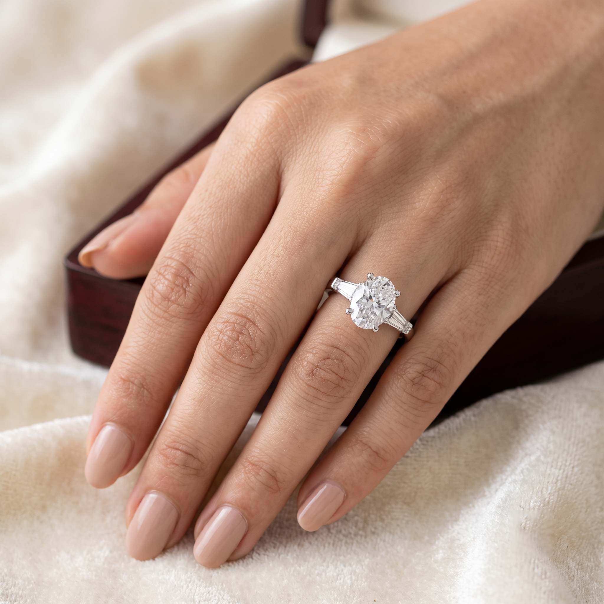 Classic Trilogy Oval Three-Stone Engagement Ring with Tapered Baguette Accents