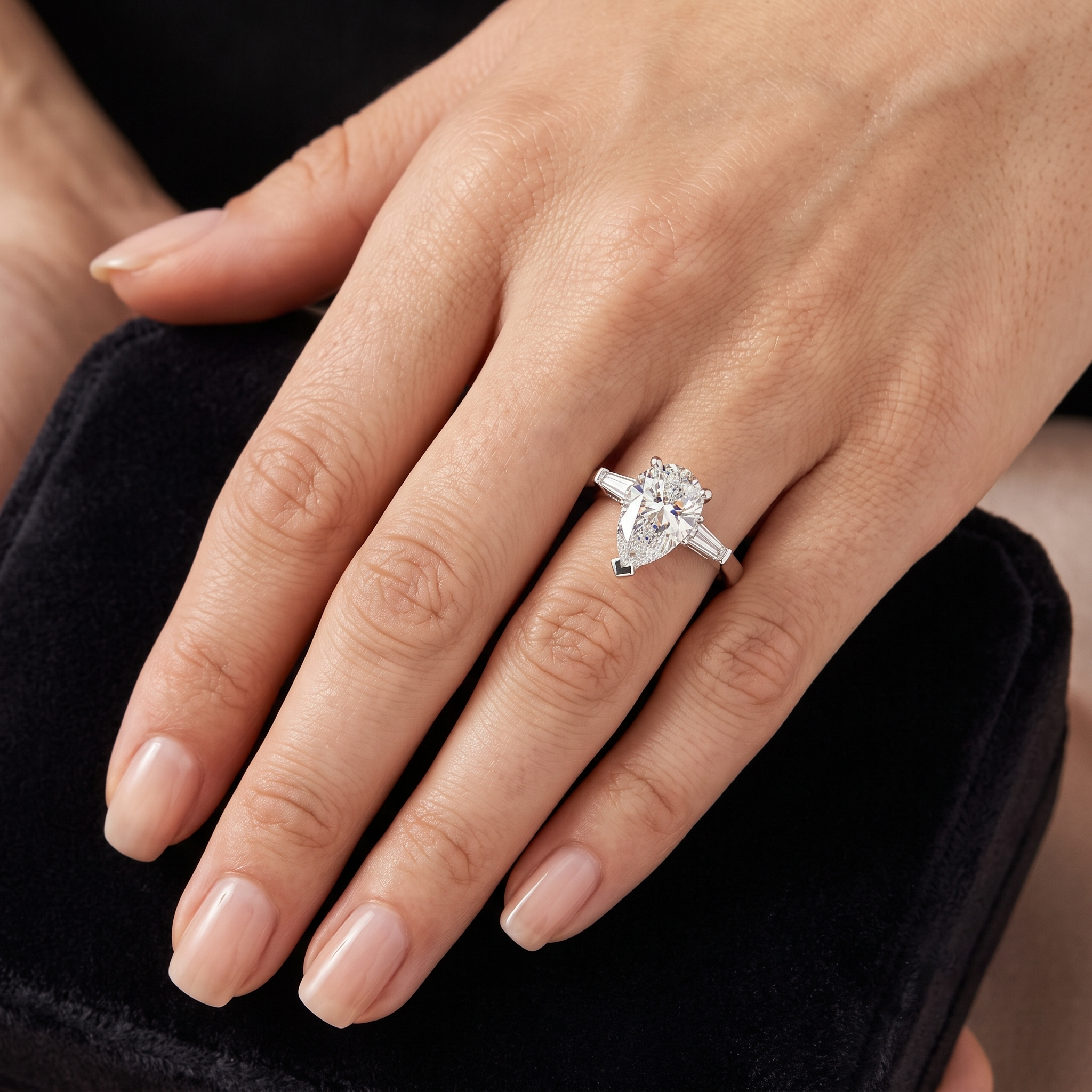 Pear-Cut Moissanite Engagement Ring with Tapered Baguette Side Stones