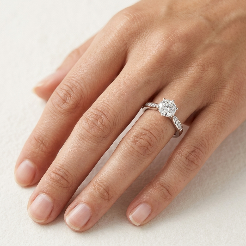 925 Sterling Silver Elegant Six-Prong Round Brilliant Solitaire Ring with Pavé Shoulders