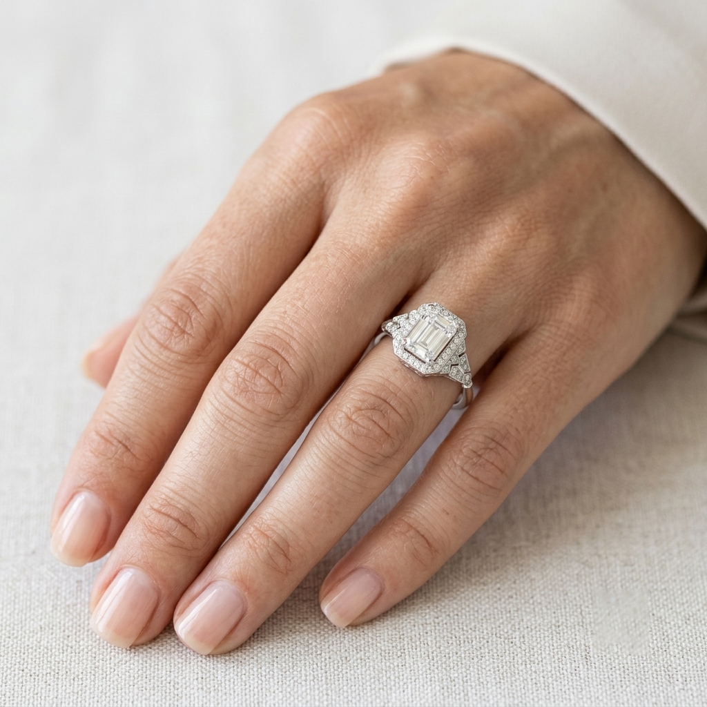 Art Deco-Inspired Emerald-Cut Halo Engagement Ring in Sterling Silver