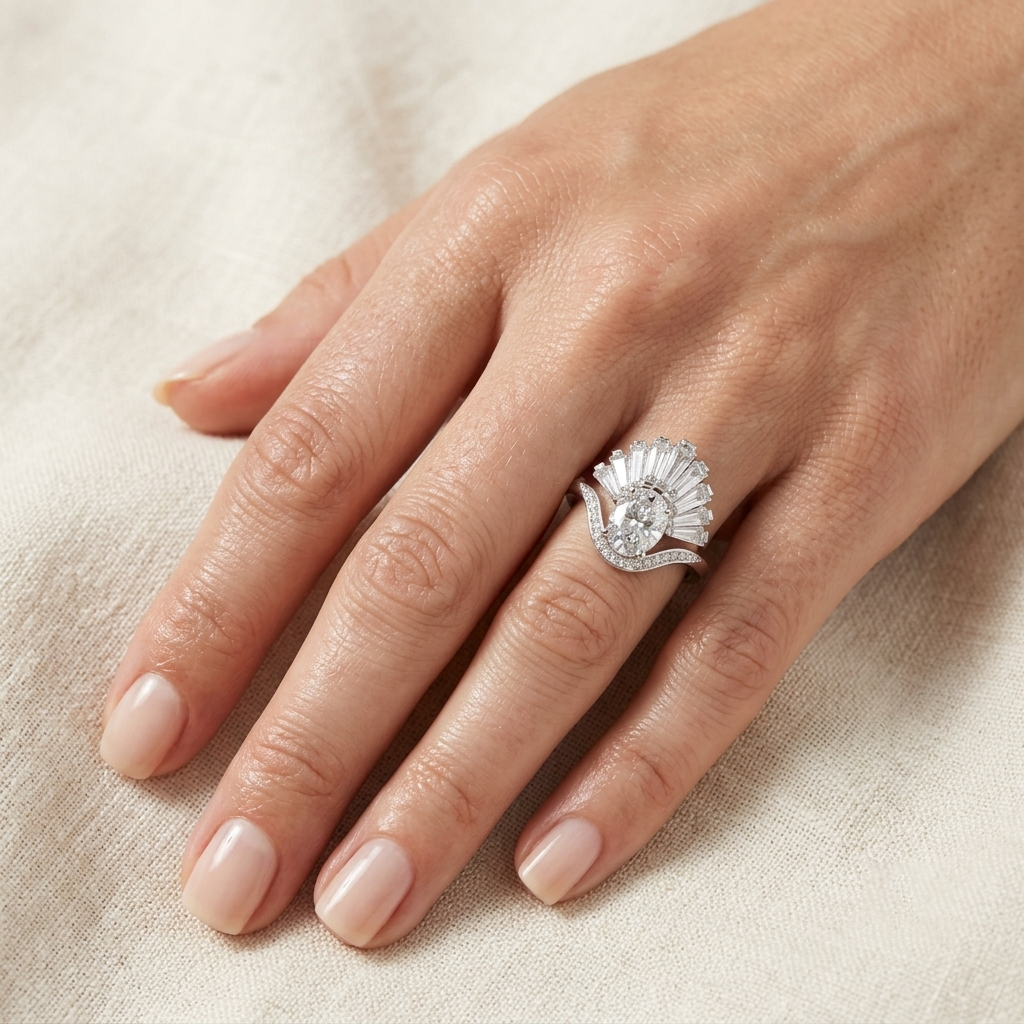 Oval Moissanite with Baguette Sunburst Fan Halo Art Deco Ballerina Bridal Ring