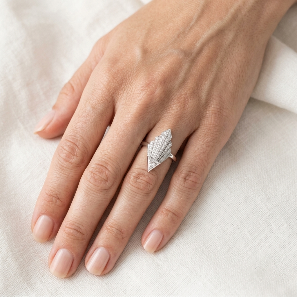 The Art Deco Sunburst Fan Triangle Tiara Statement Ring with Moissanite Stones