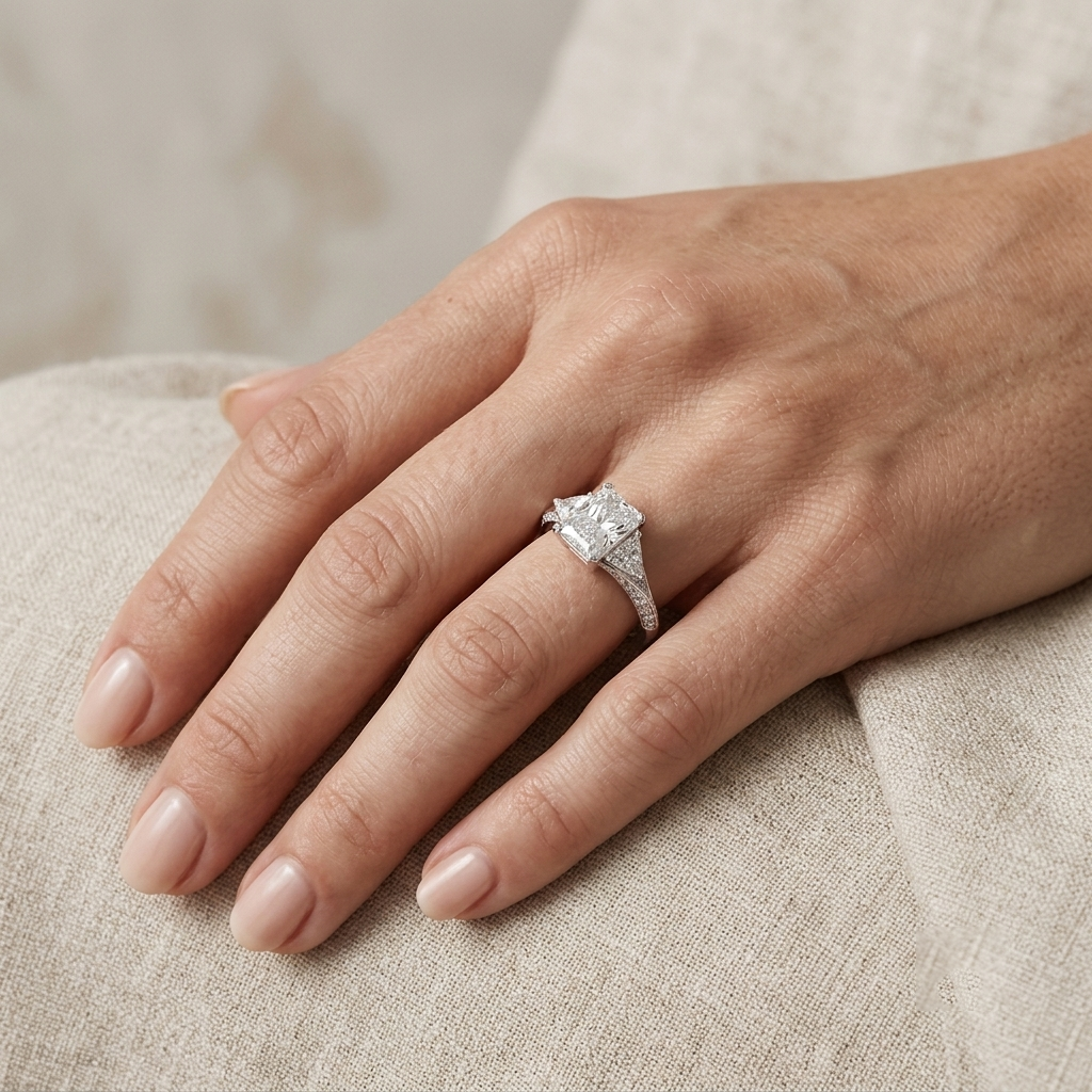 Sterling Silver Three-Stone Radiant and Trillion Moissanite Engagement Ring with Pavé Band