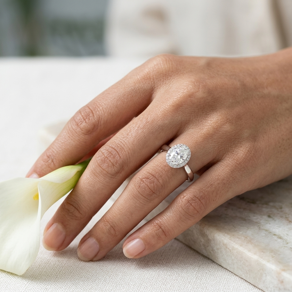 Classic Oval-Cut Halo Solitaire Sterling Silver Engagement Ring