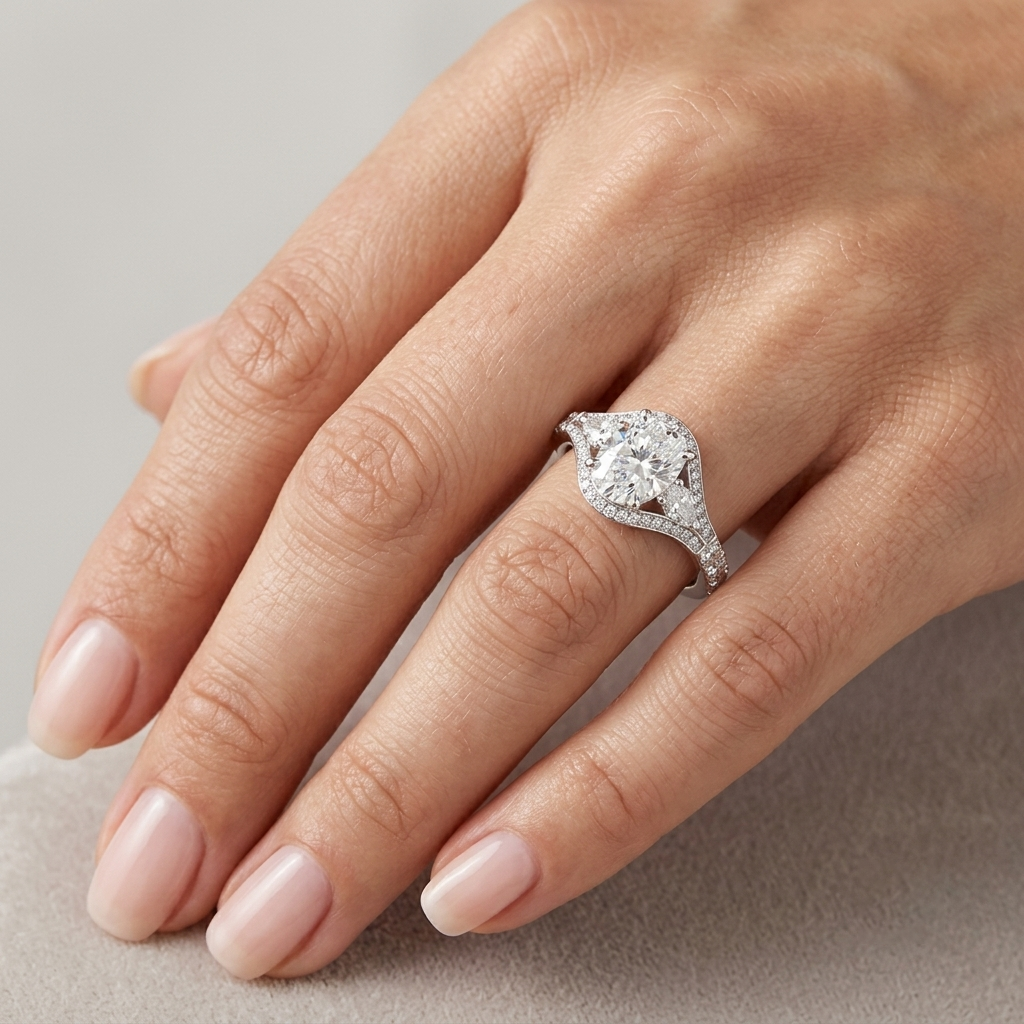 Oval Three-Stone Split-Shank Moissanite Engagement Ring with Side Accents