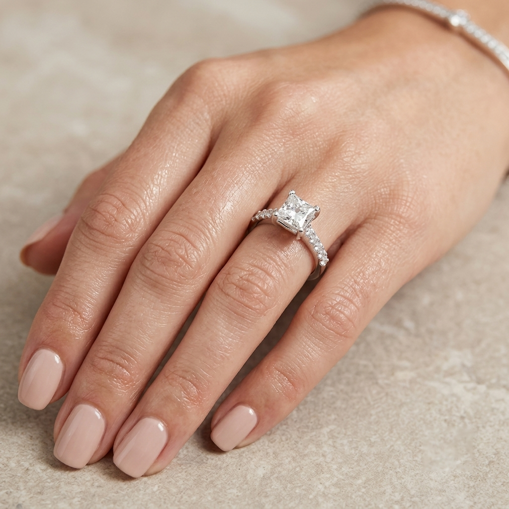Princess-Cut Solitaire Engagement Ring with Diamond Studded Shank