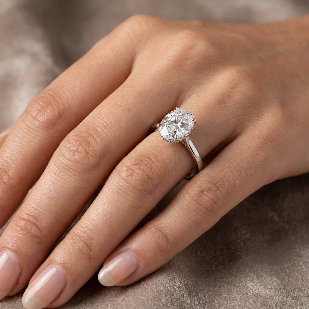 The Celestial Oval Solitaire Hidden Halo Engagement Ring for Women