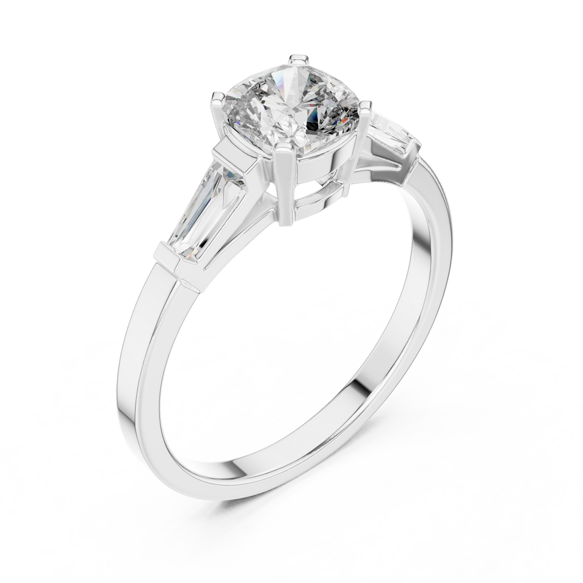 Three-Stone Cushion and Tapered Baguette Trilogy Engagement Ring