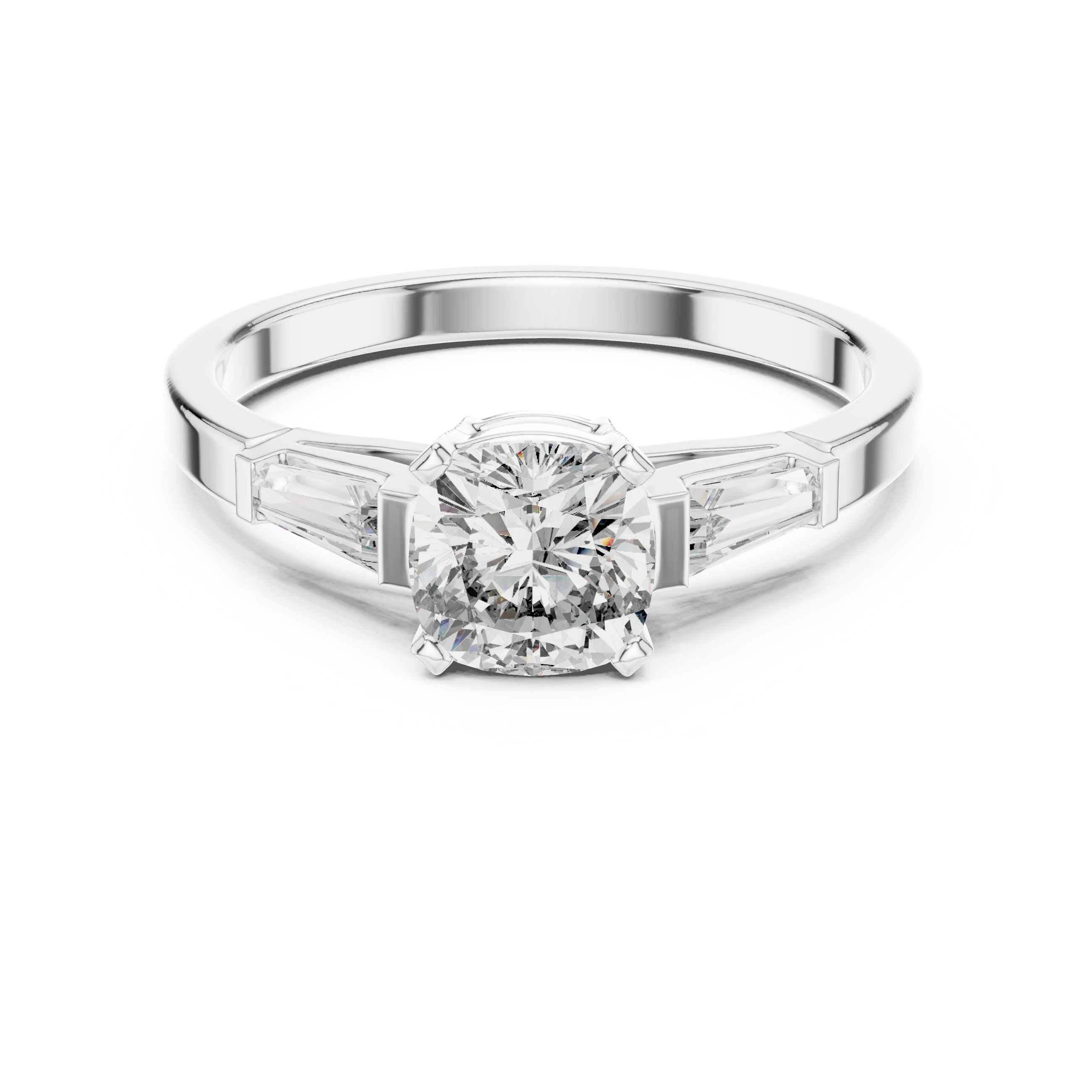 Three-Stone Cushion and Tapered Baguette Trilogy Engagement Ring
