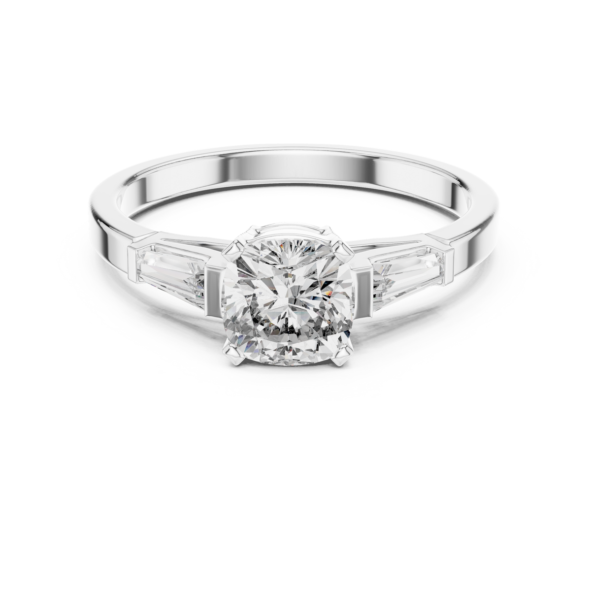 Three-Stone Cushion and Tapered Baguette Trilogy Engagement Ring