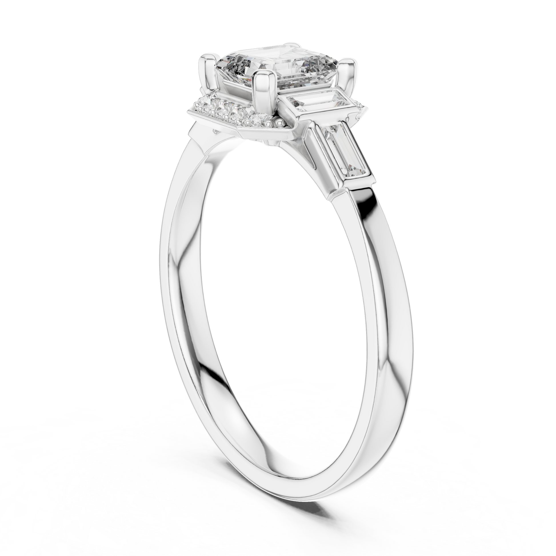 The Art Deco Asscher & Baguette Halo Trilogy Three Stone Engagement Ring