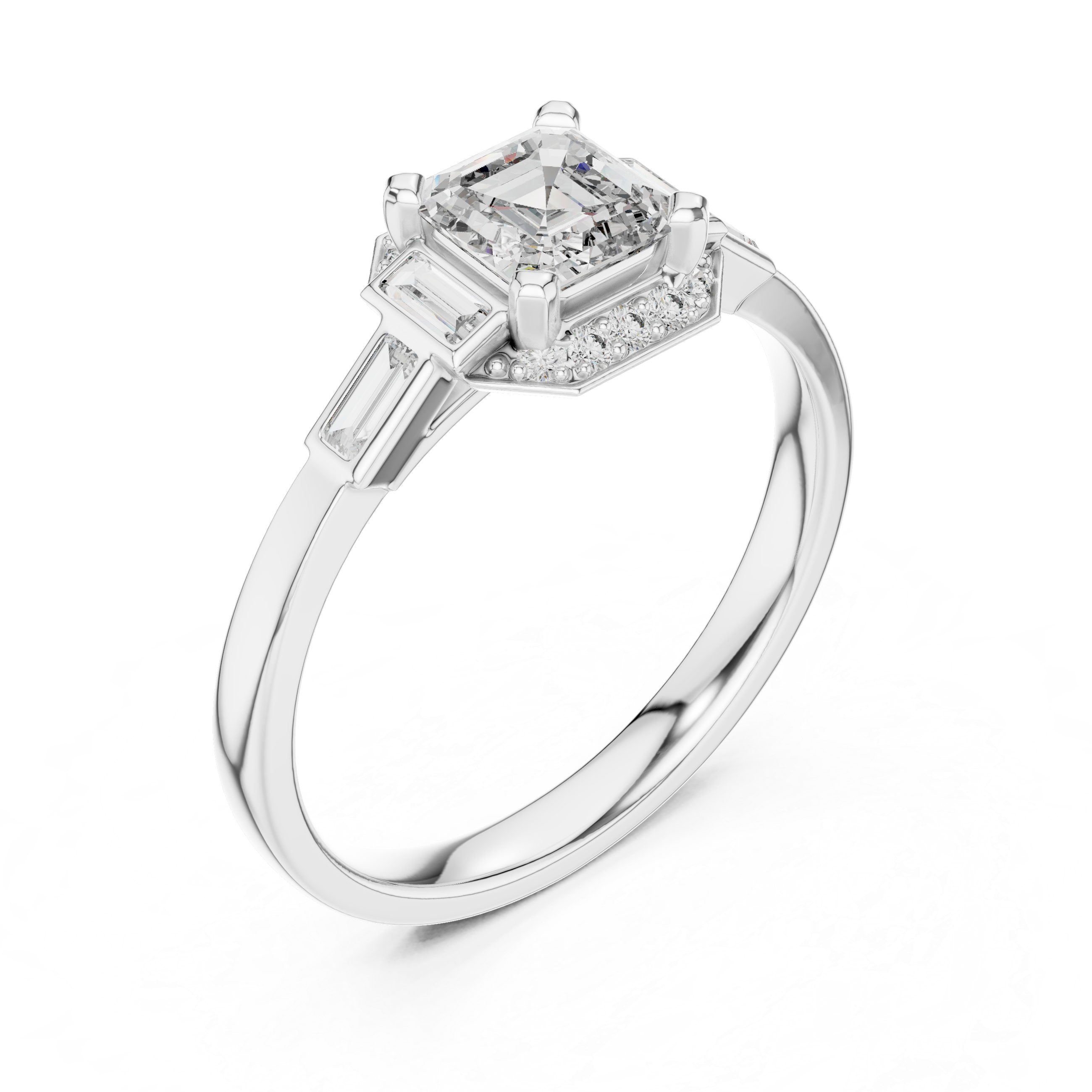 The Art Deco Asscher & Baguette Halo Trilogy Three Stone Engagement Ring