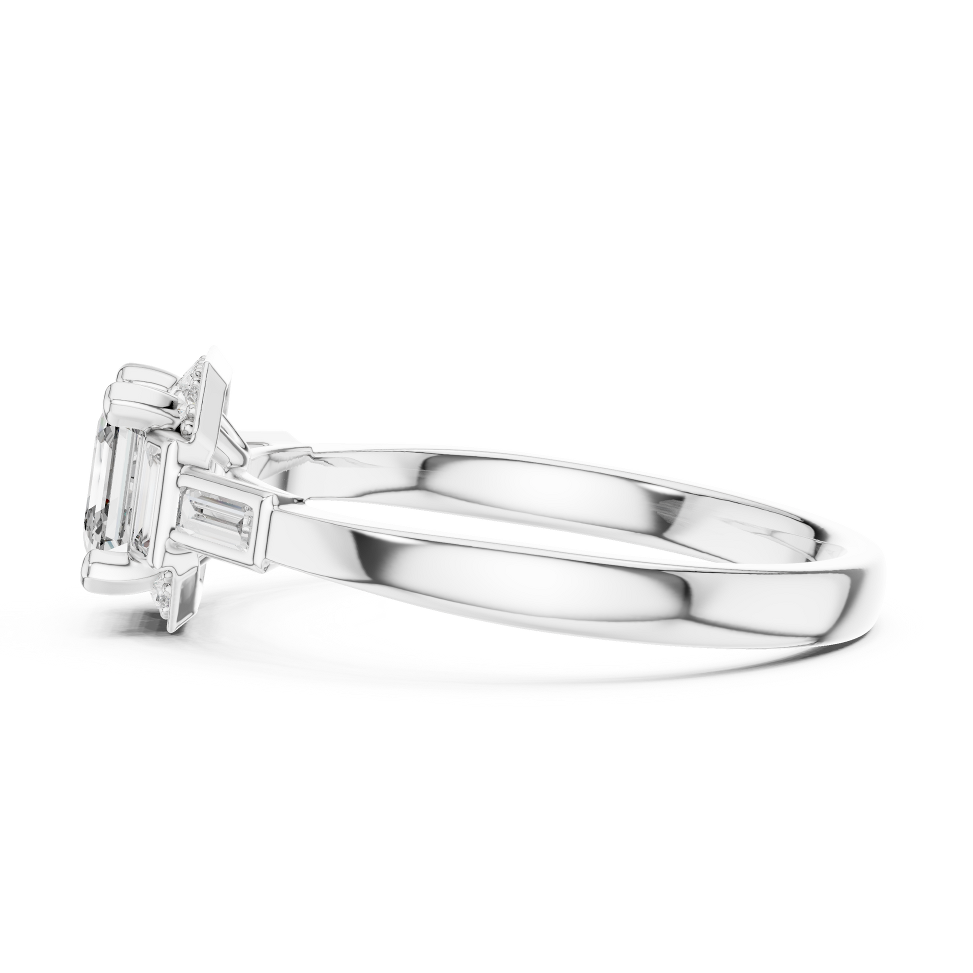 The Art Deco Asscher & Baguette Halo Trilogy Three Stone Engagement Ring