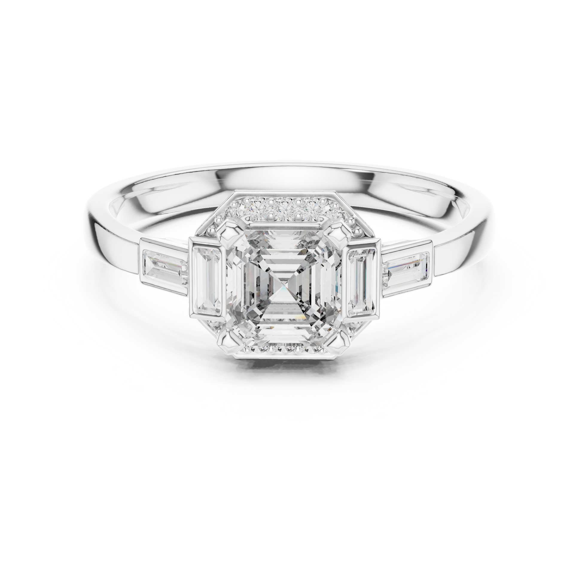 The Art Deco Asscher & Baguette Halo Trilogy Three Stone Engagement Ring