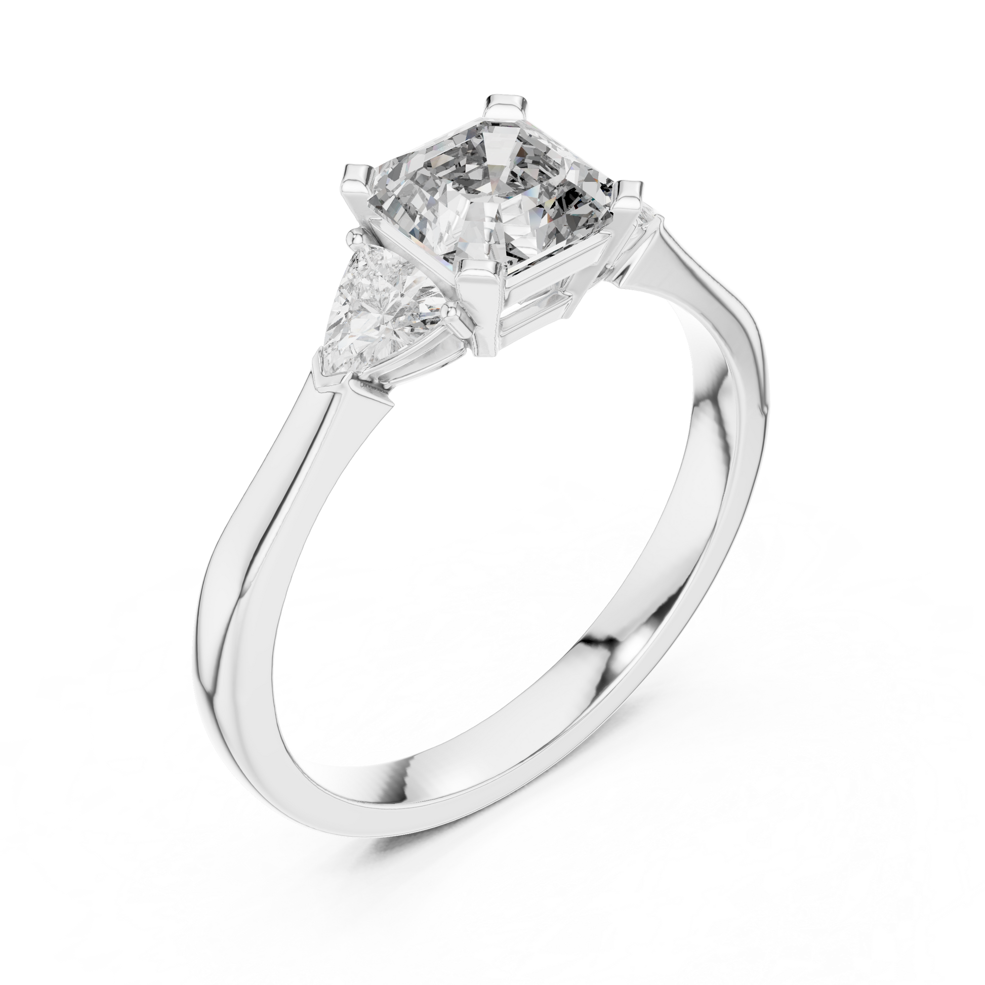 Asscher-Cut Architectural Three-Stone Engagement Ring with Trillion-Cut Side Accents