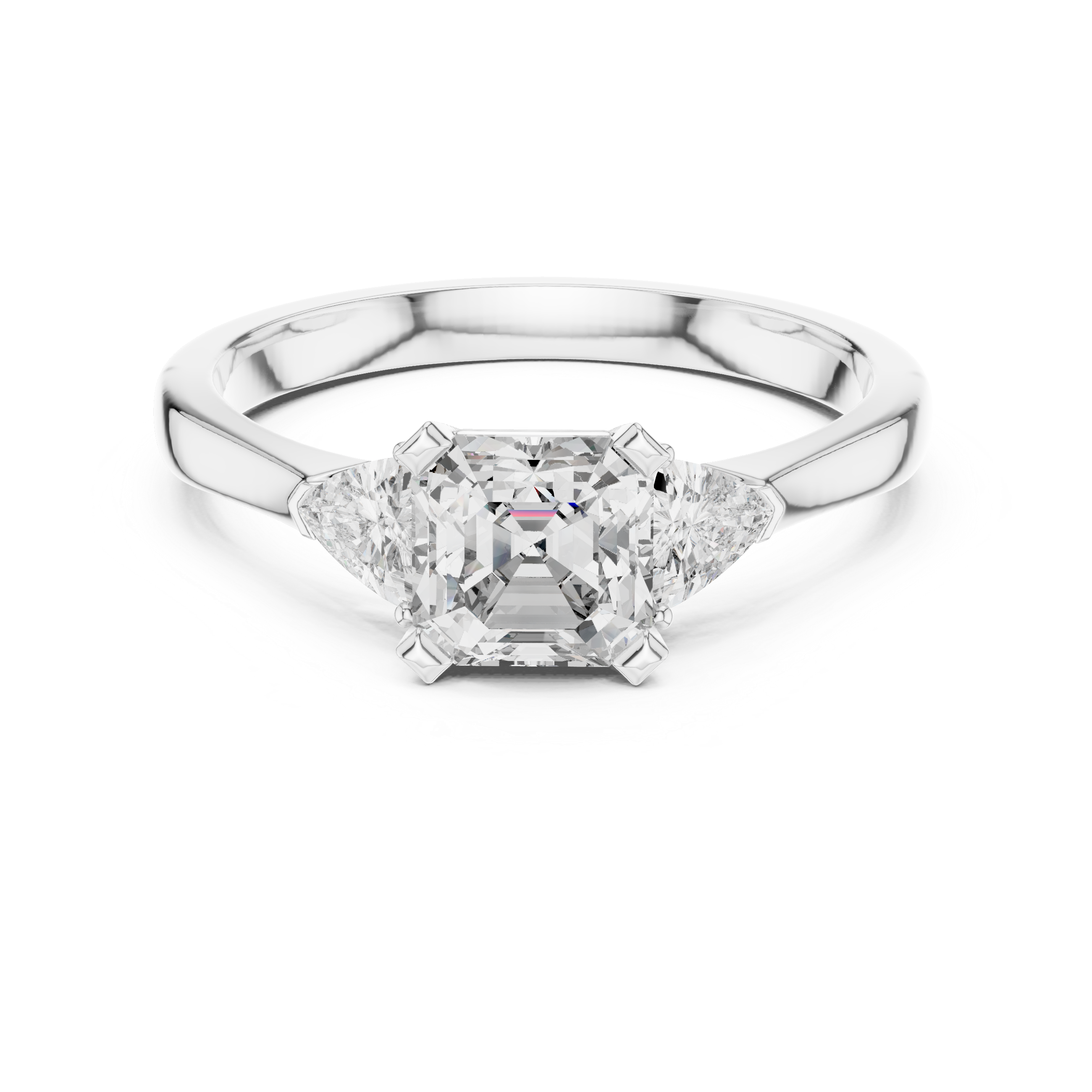 Asscher-Cut Architectural Three-Stone Engagement Ring with Trillion-Cut Side Accents