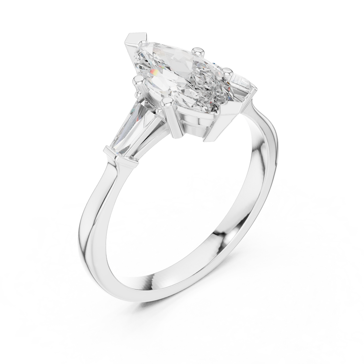 Three-Stone Marquise Cut with Tapered Baguette Side Stones Engagement Ring