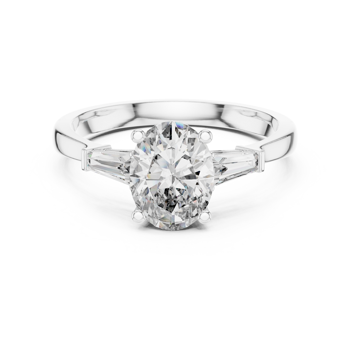 Classic Trilogy Oval Three-Stone Engagement Ring with Tapered Baguette Accents
