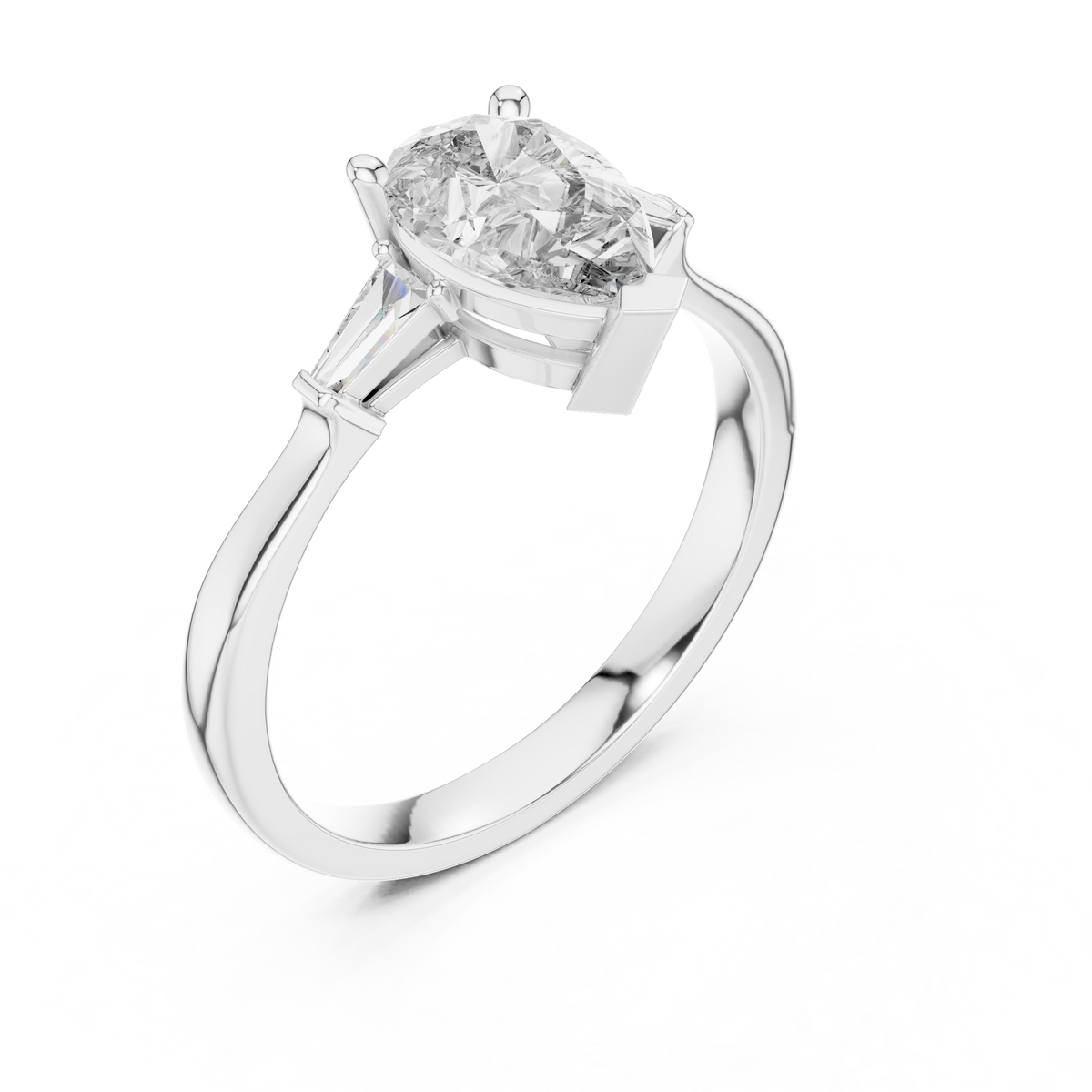 Pear-Cut Moissanite Engagement Ring with Tapered Baguette Side Stones