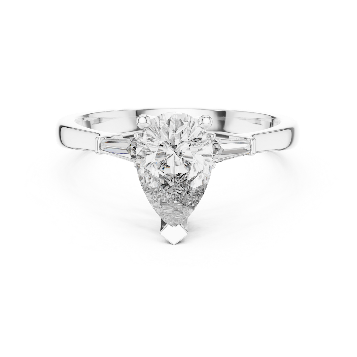 Pear-Cut Moissanite Engagement Ring with Tapered Baguette Side Stones