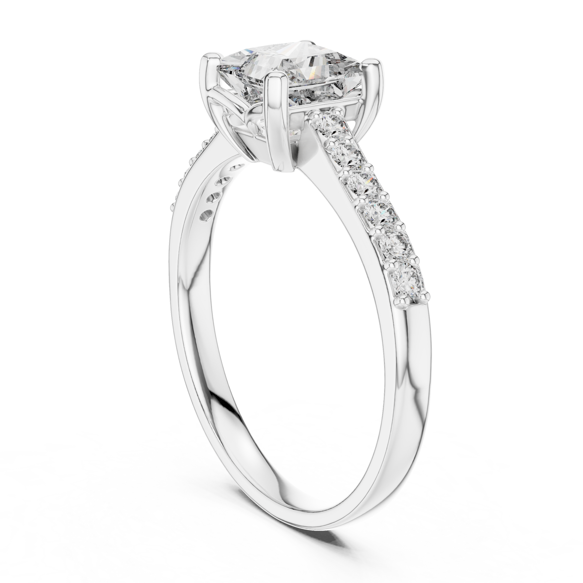 Princess-Cut Solitaire Engagement Ring with Diamond Studded Shank