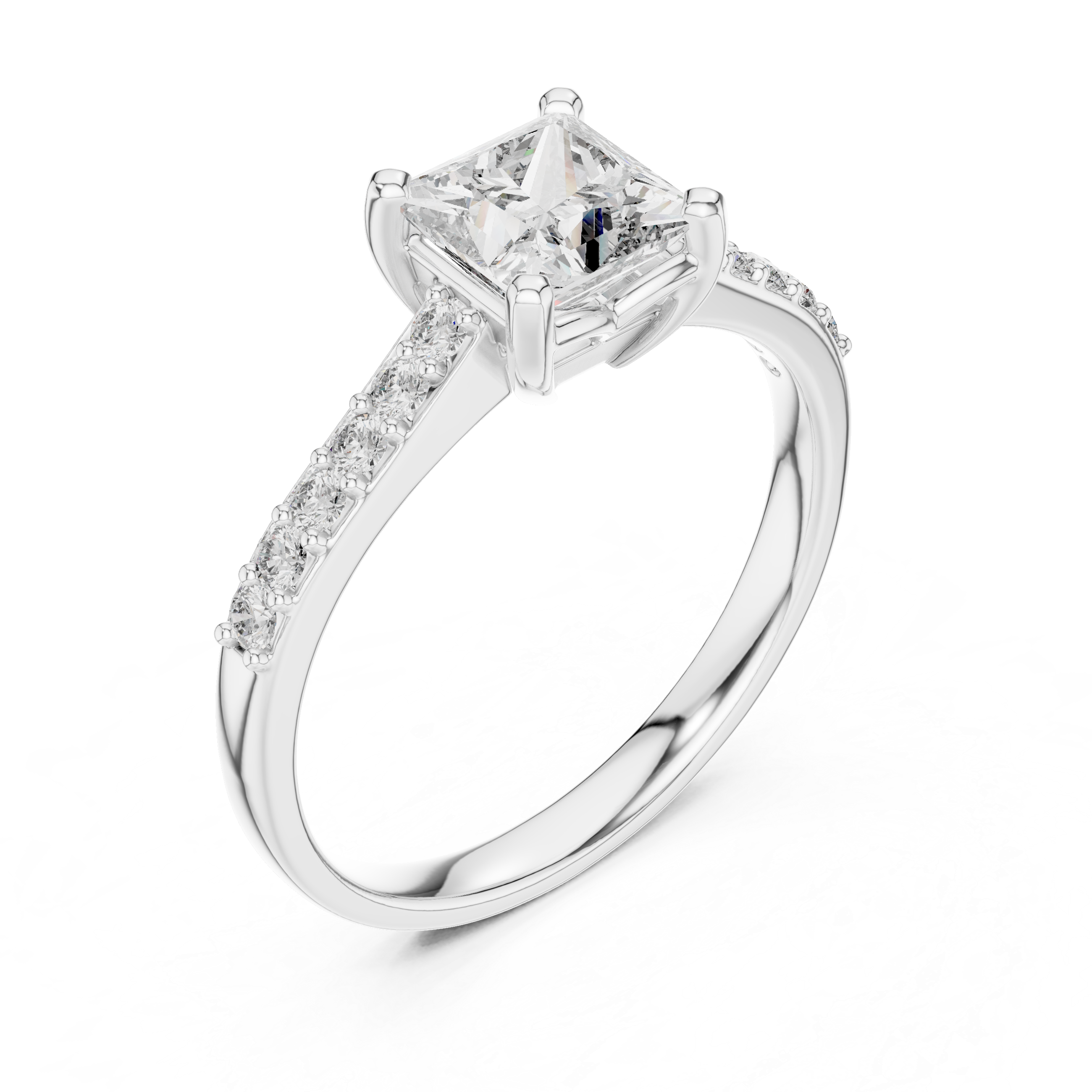 Princess-Cut Solitaire Engagement Ring with Diamond Studded Shank
