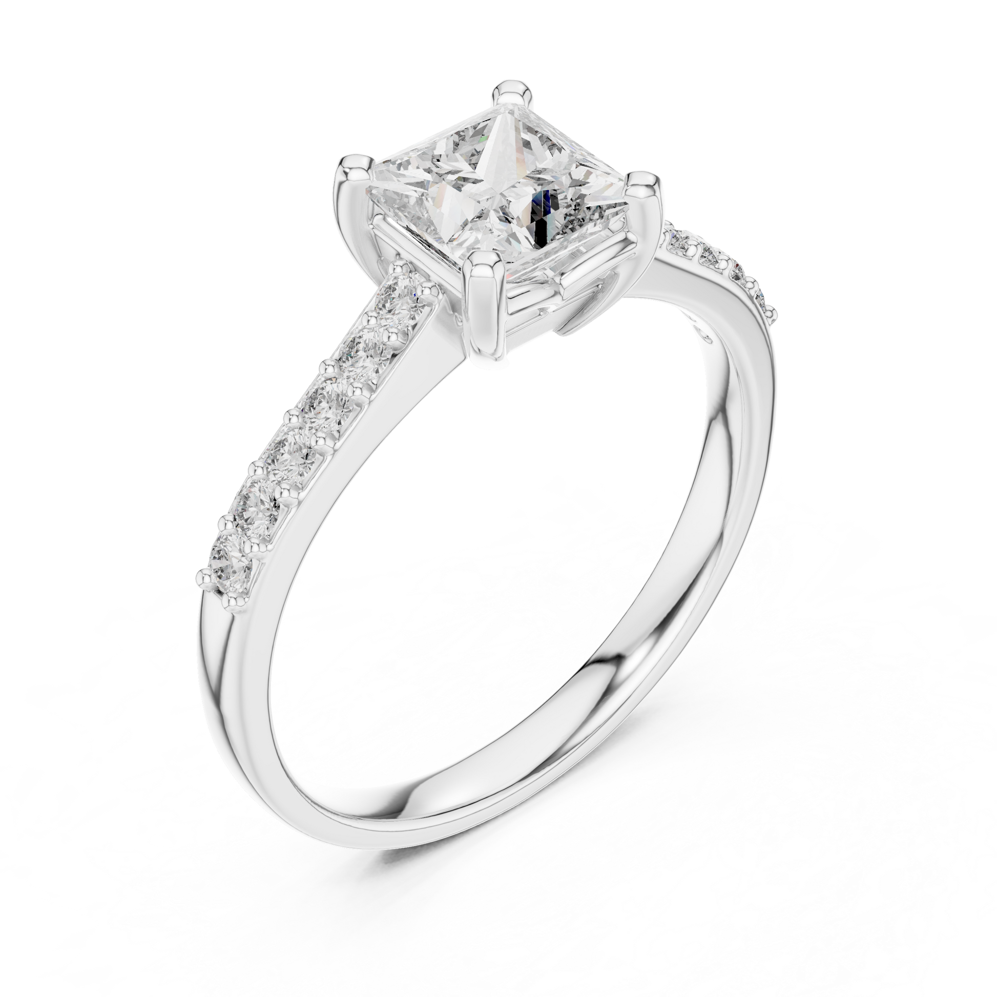 Princess-Cut Solitaire Engagement Ring with Diamond Studded Shank