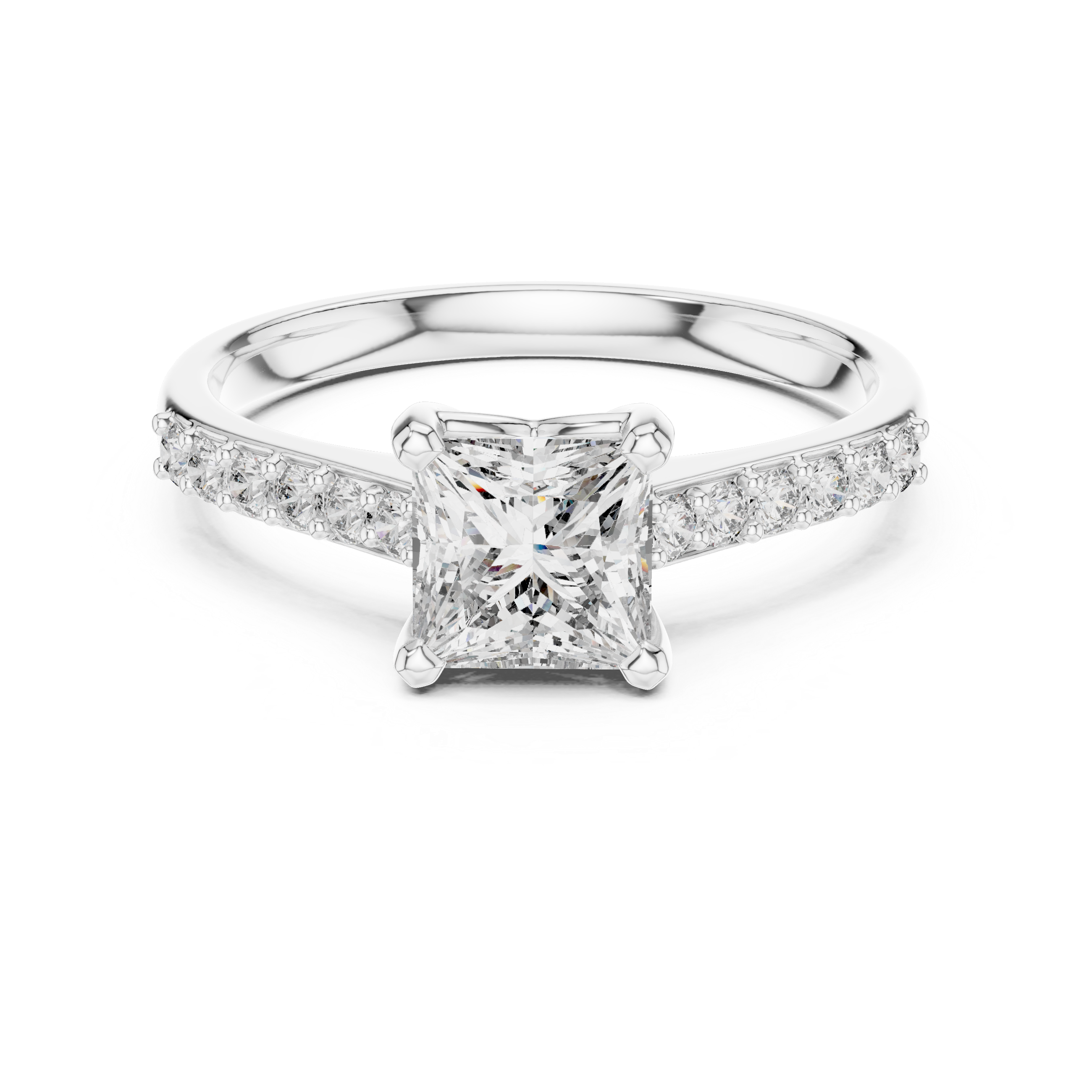 Princess-Cut Solitaire Engagement Ring with Diamond Studded Shank