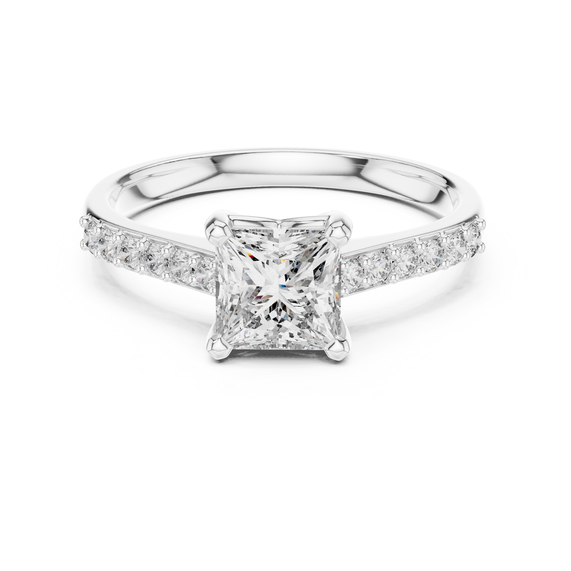Princess-Cut Solitaire Engagement Ring with Diamond Studded Shank