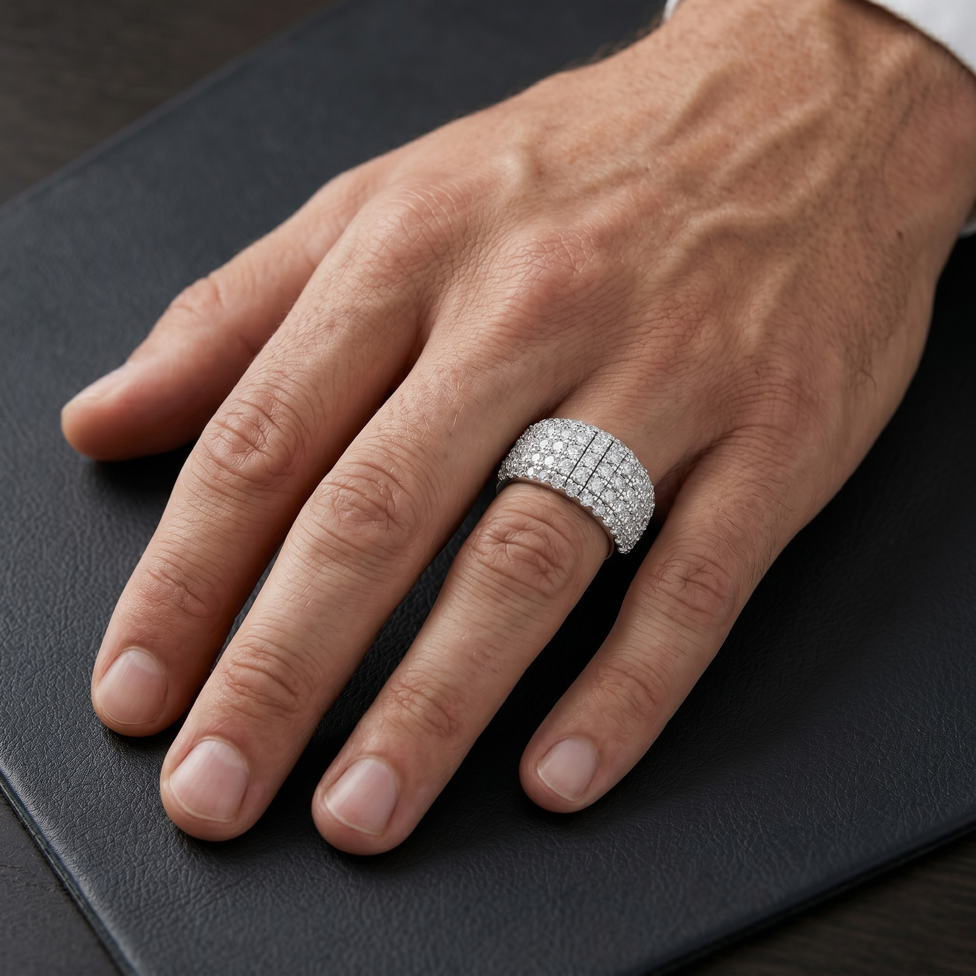 Multi-row Pavé Setting Round Cut Moissanite Sterling Silver Anniversary Wedding Band