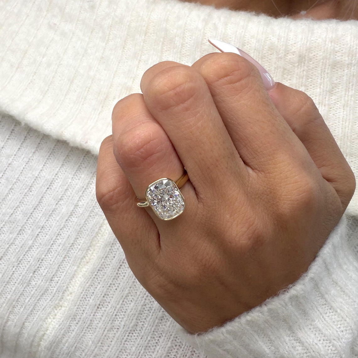 4 Carat Elongated Cushion Cut Lab Grown Diamond Bezel Ring 14K Yellow Gold IGI Certified Statement Ring 