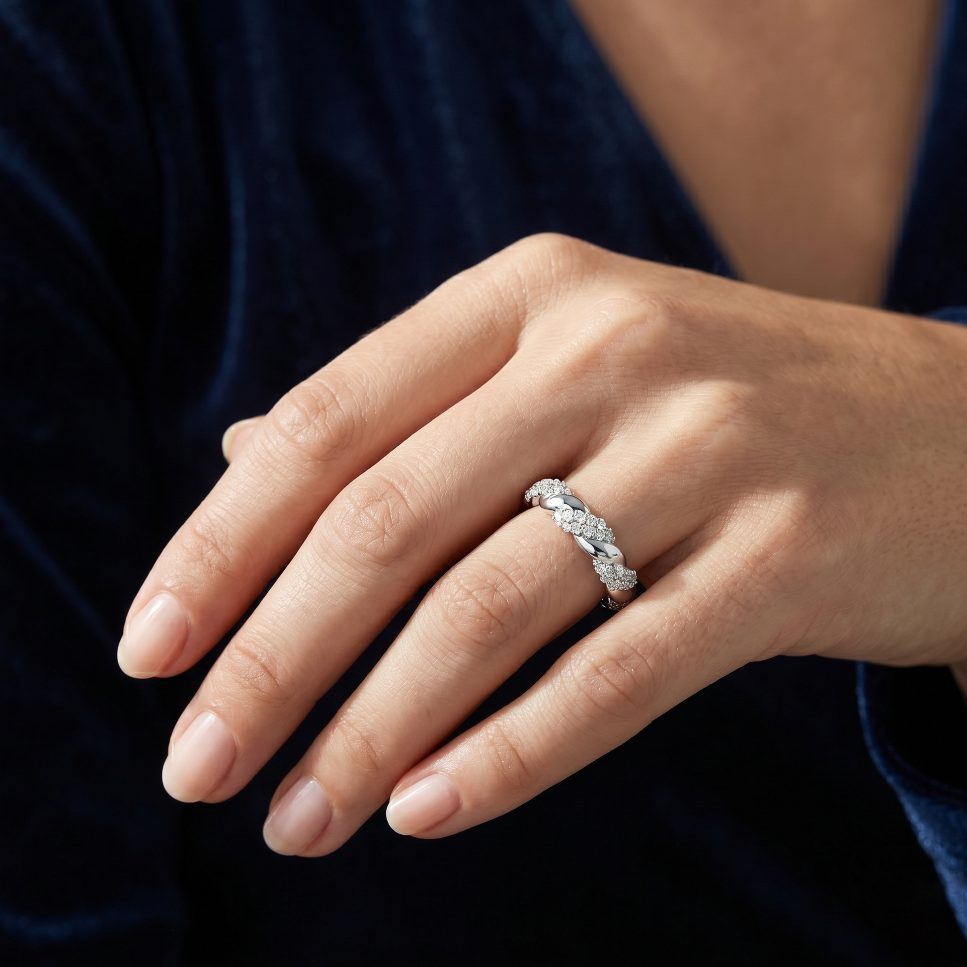 Round Moissanite Twisted Rope Pattern Sterling Silver Eternity Stackable Wedding Band