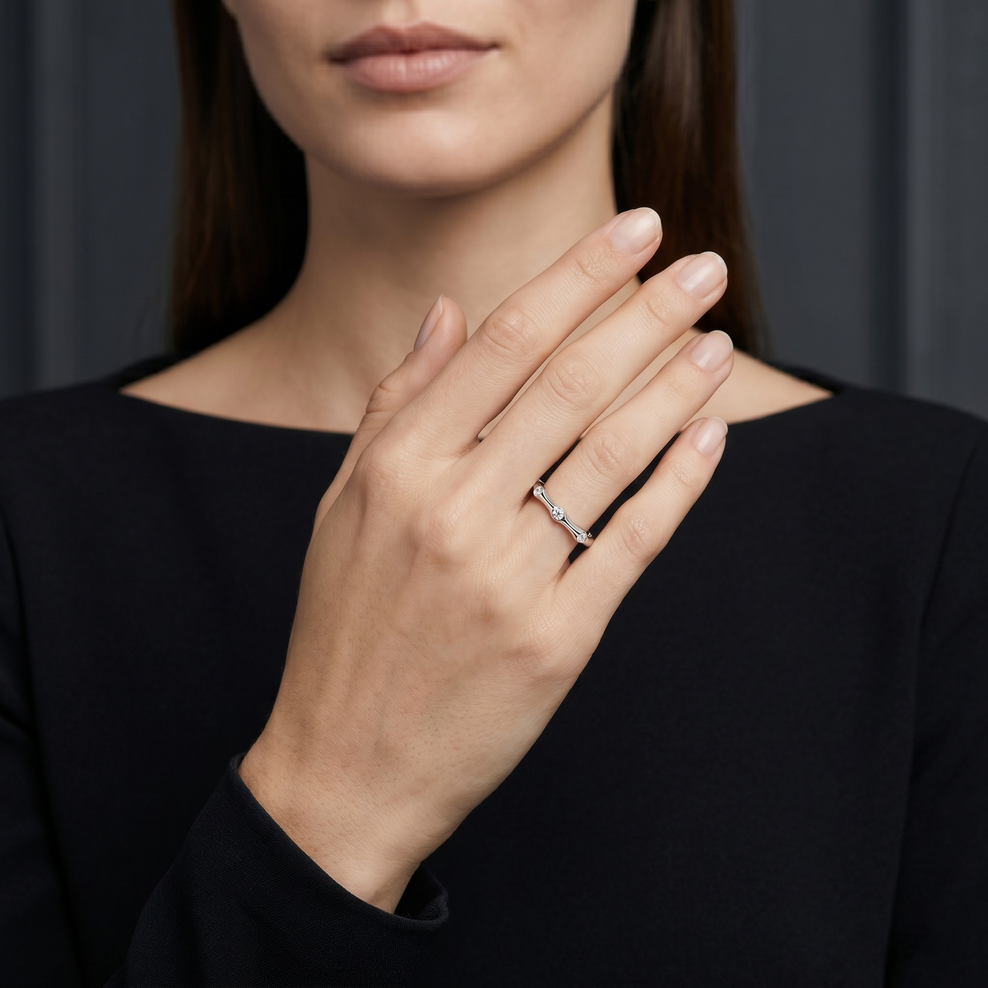 Bamboo-Inspired Round Cut Moissanite Stackable Ring in Sterling Silver